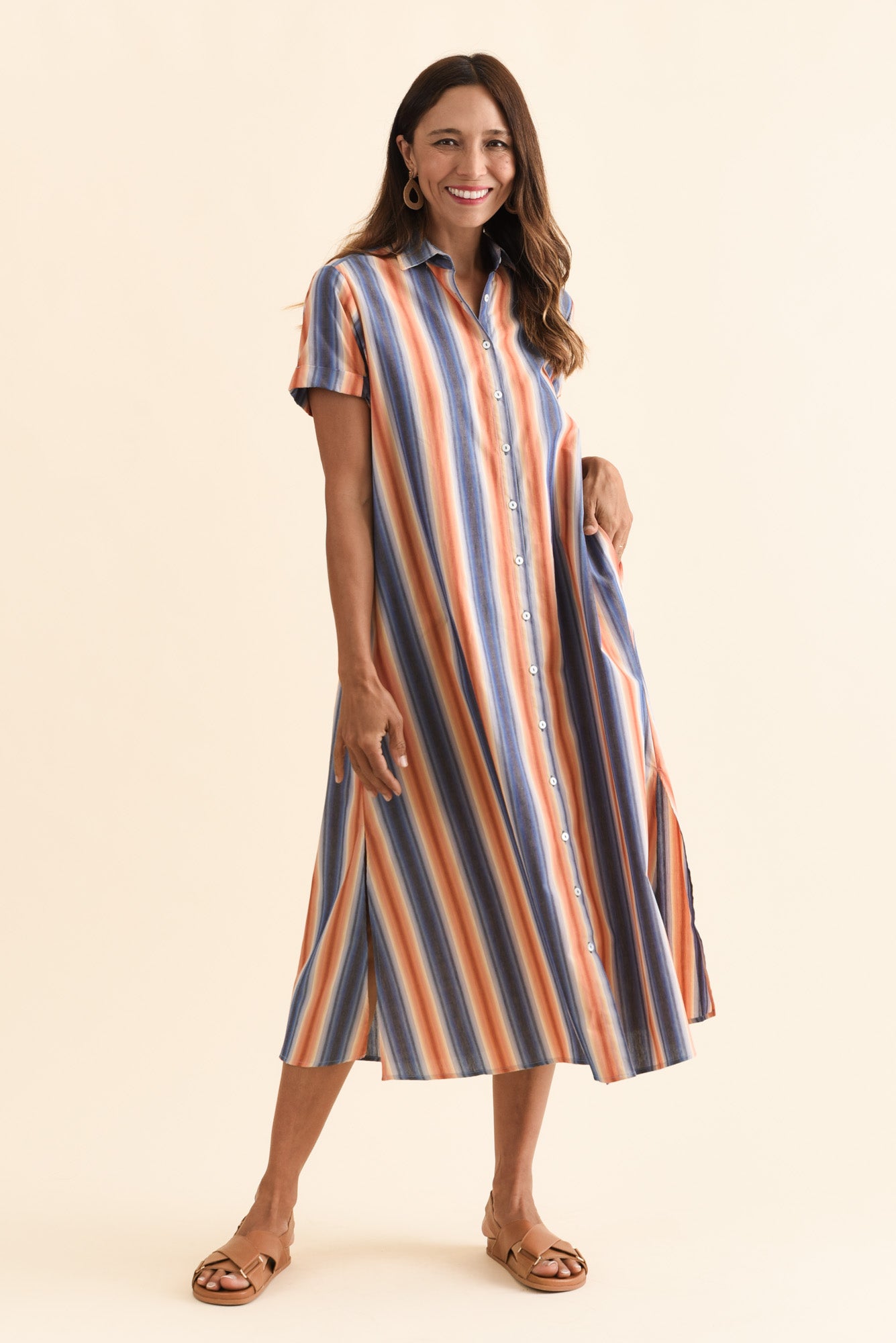 Deirdre Blue Stripe Cotton Tie Dress Front View