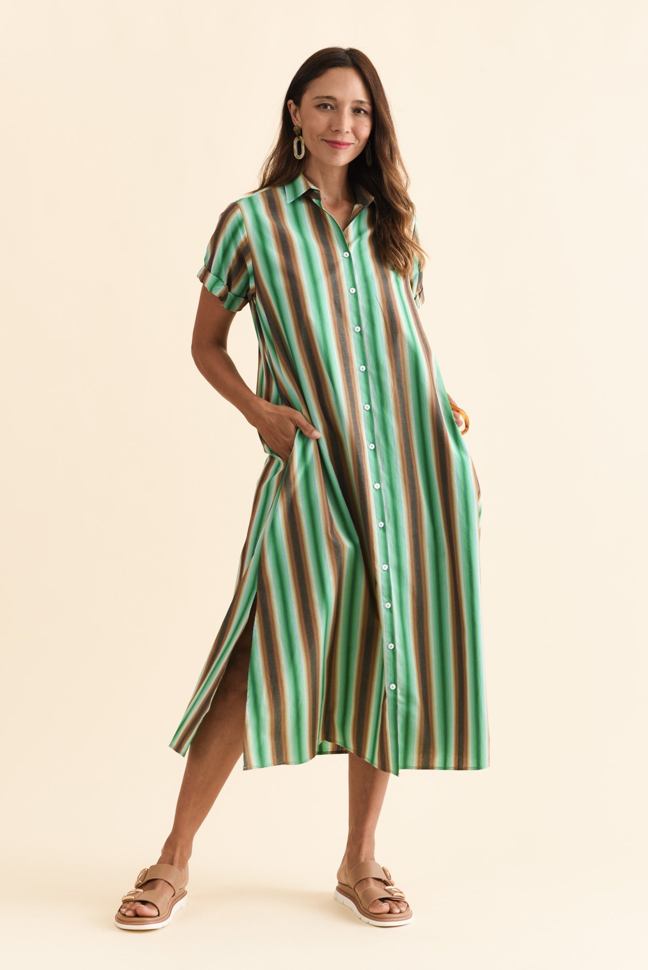 Deirdre Green Stripe Cotton Tie Dress Front View