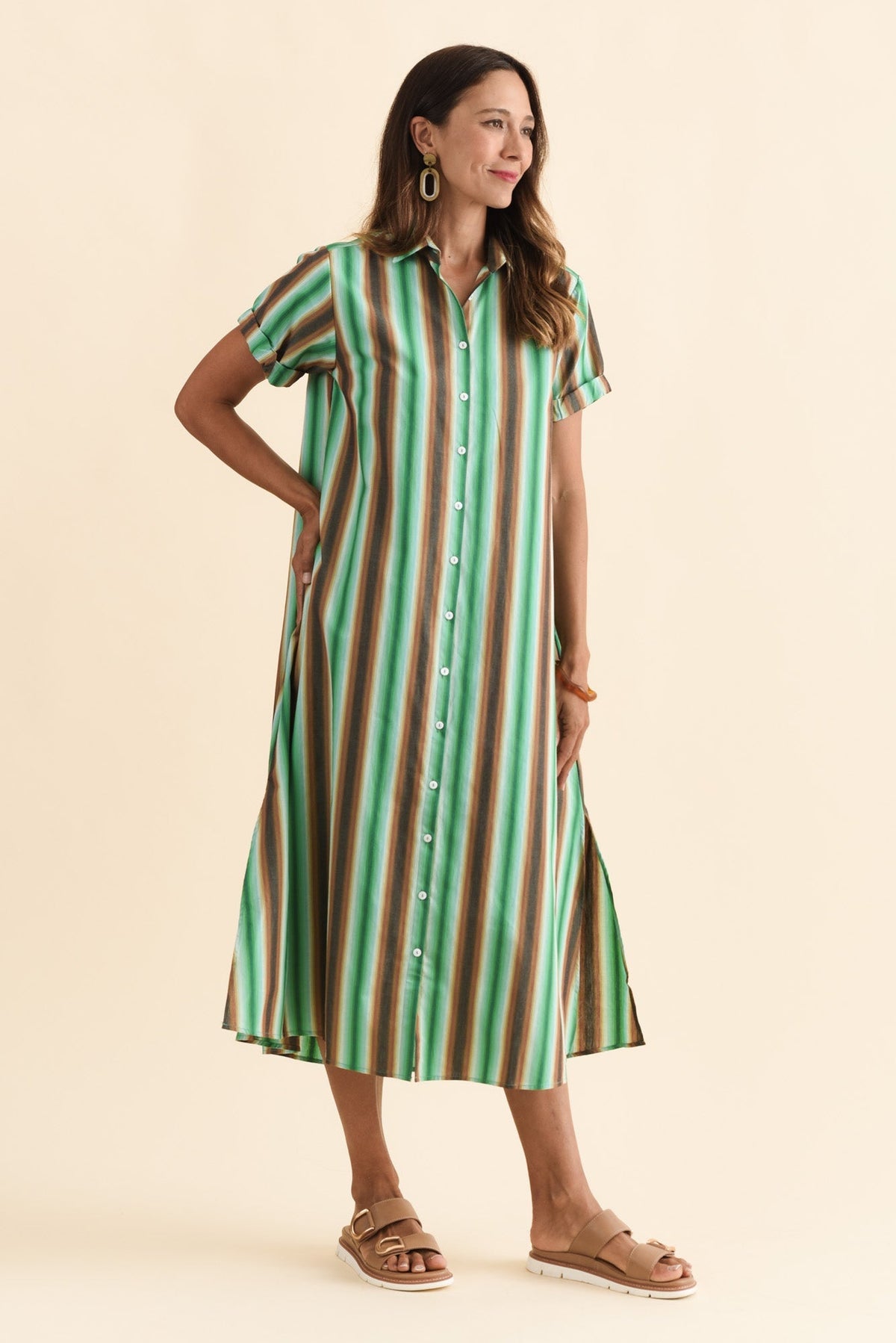 Deirdre Green Stripe Cotton Tie Dress Back View