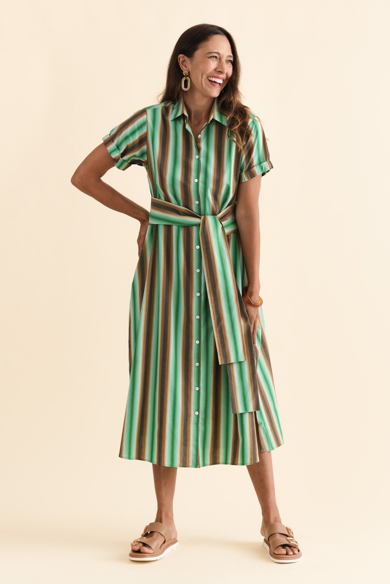 Deirdre Green Stripe Cotton Tie Dress Full Length View