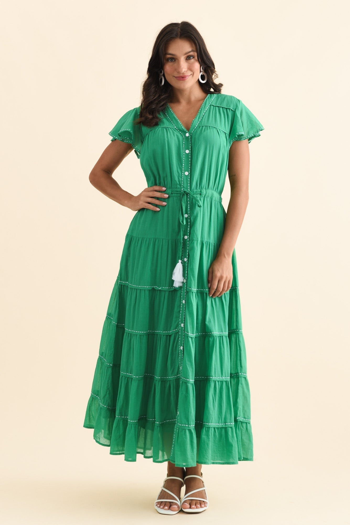 Delilah Green Cotton Tier Dress Front View