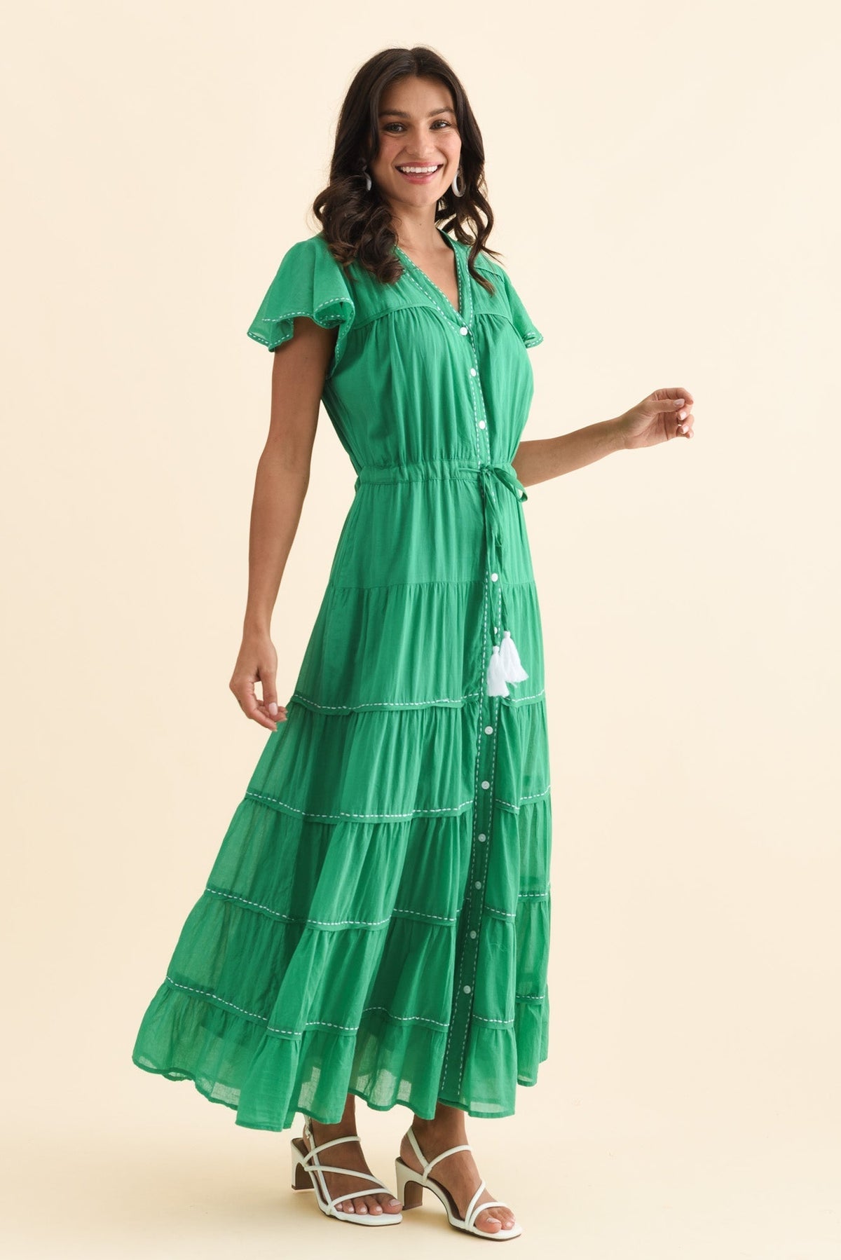 Delilah Green Cotton Tier Dress Back View