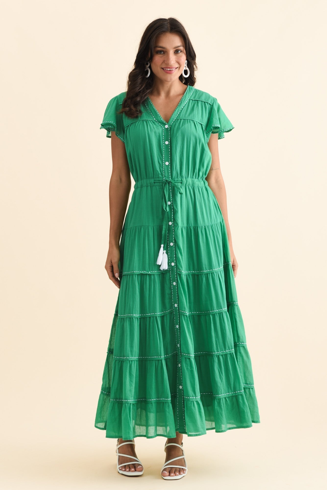 Delilah Green Cotton Tier Dress Front View 2