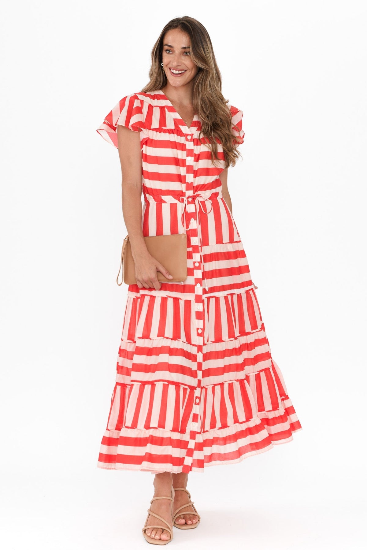 Delilah Red Stripe Cotton Tiered Dress Back View