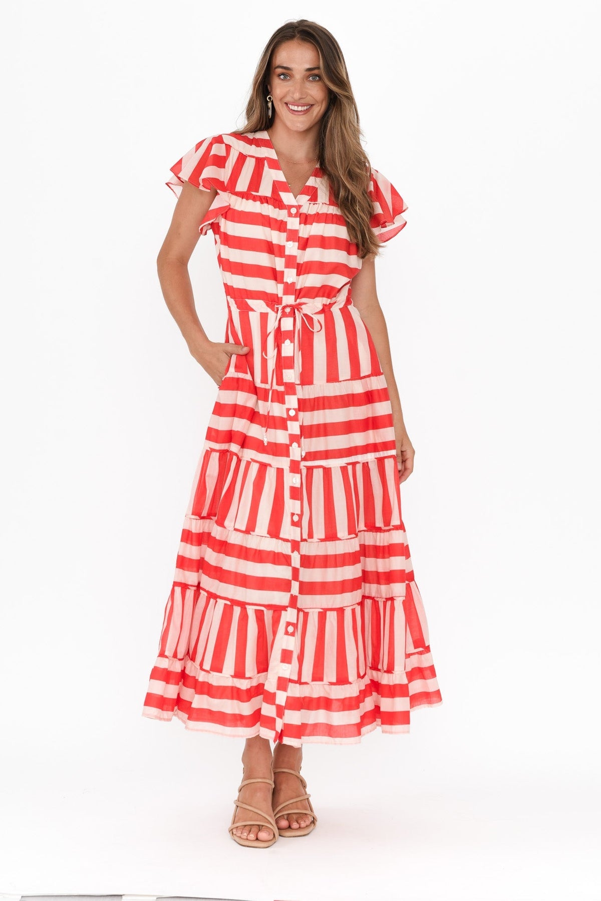 Delilah Red Stripe Cotton Tiered Dress Back View 2