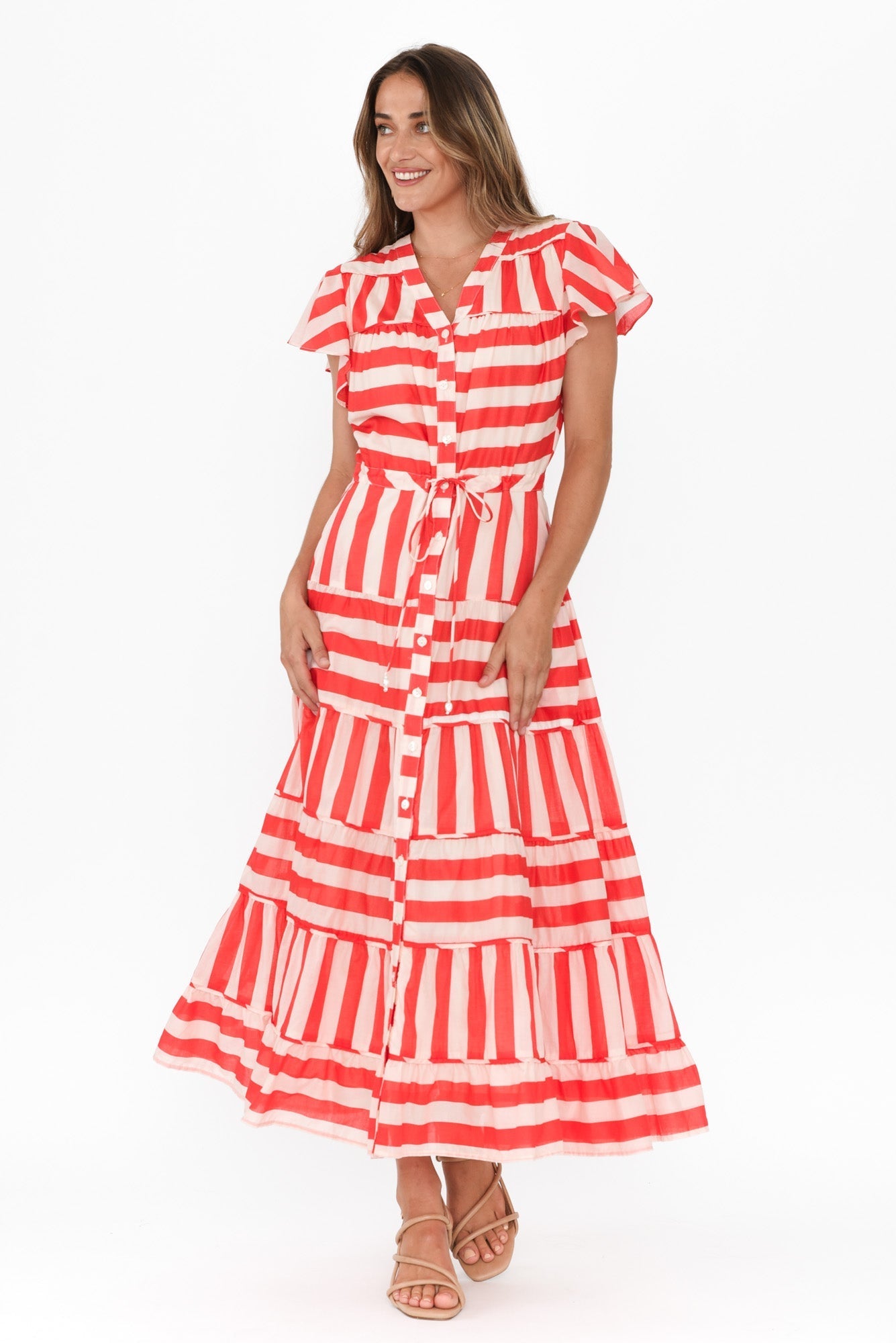 Delilah Red Stripe Cotton Tiered Dress Front View 2