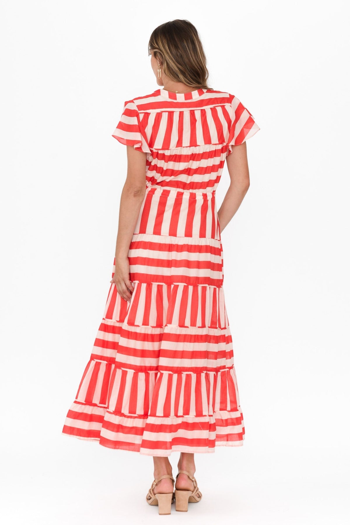 Delilah Red Stripe Cotton Tiered Dress Detail View