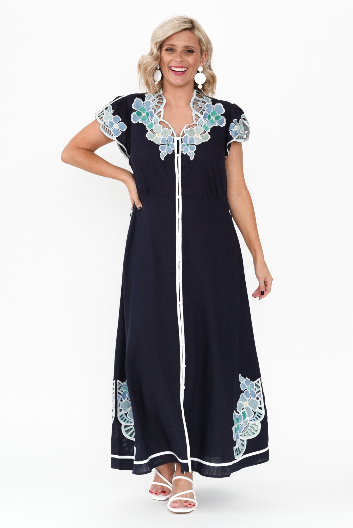Delray Navy Lapis Embroidered Dress Front View 2