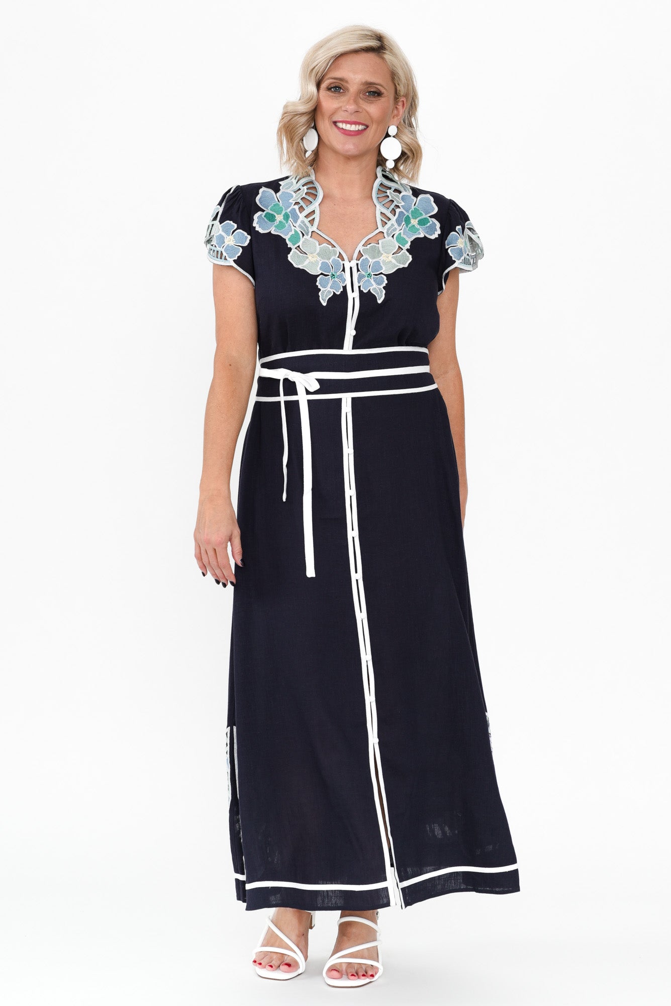 Delray Navy Lapis Embroidered Dress Front View