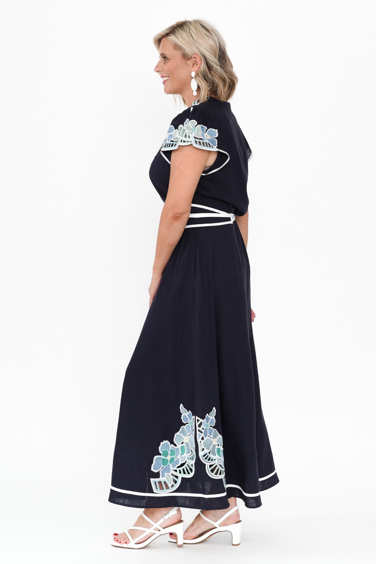 Delray Navy Lapis Embroidered Dress Side View