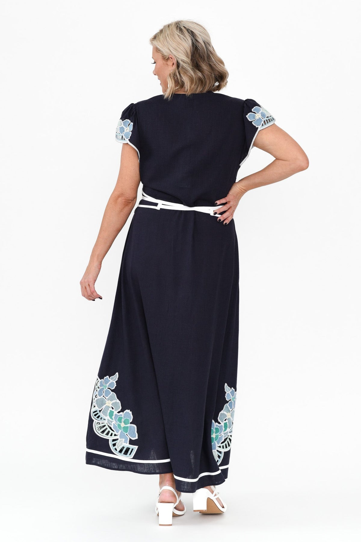 Delray Navy Lapis Embroidered Dress Detail View