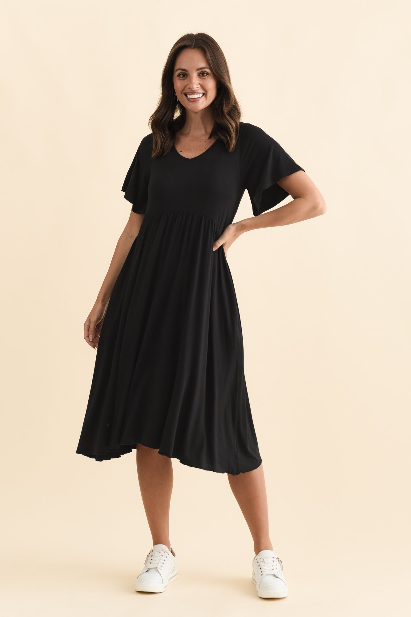 Donna Black Gathered Dress Front View