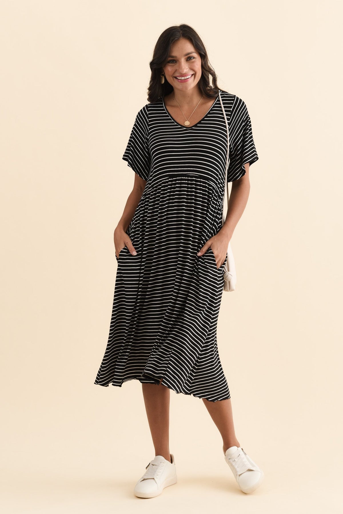 Donna Black Stripe Gathered Dress Front View 2