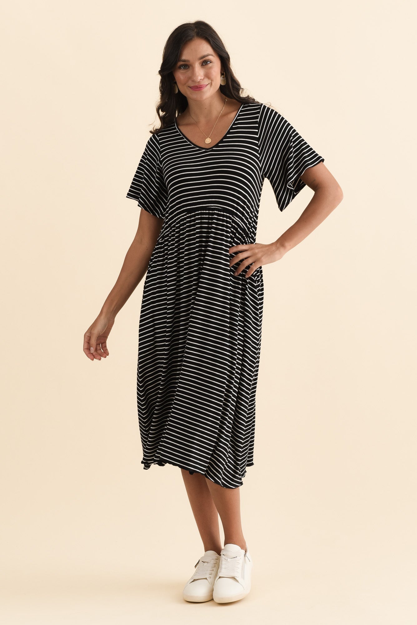 Donna Black Stripe Gathered Dress Full Length View
