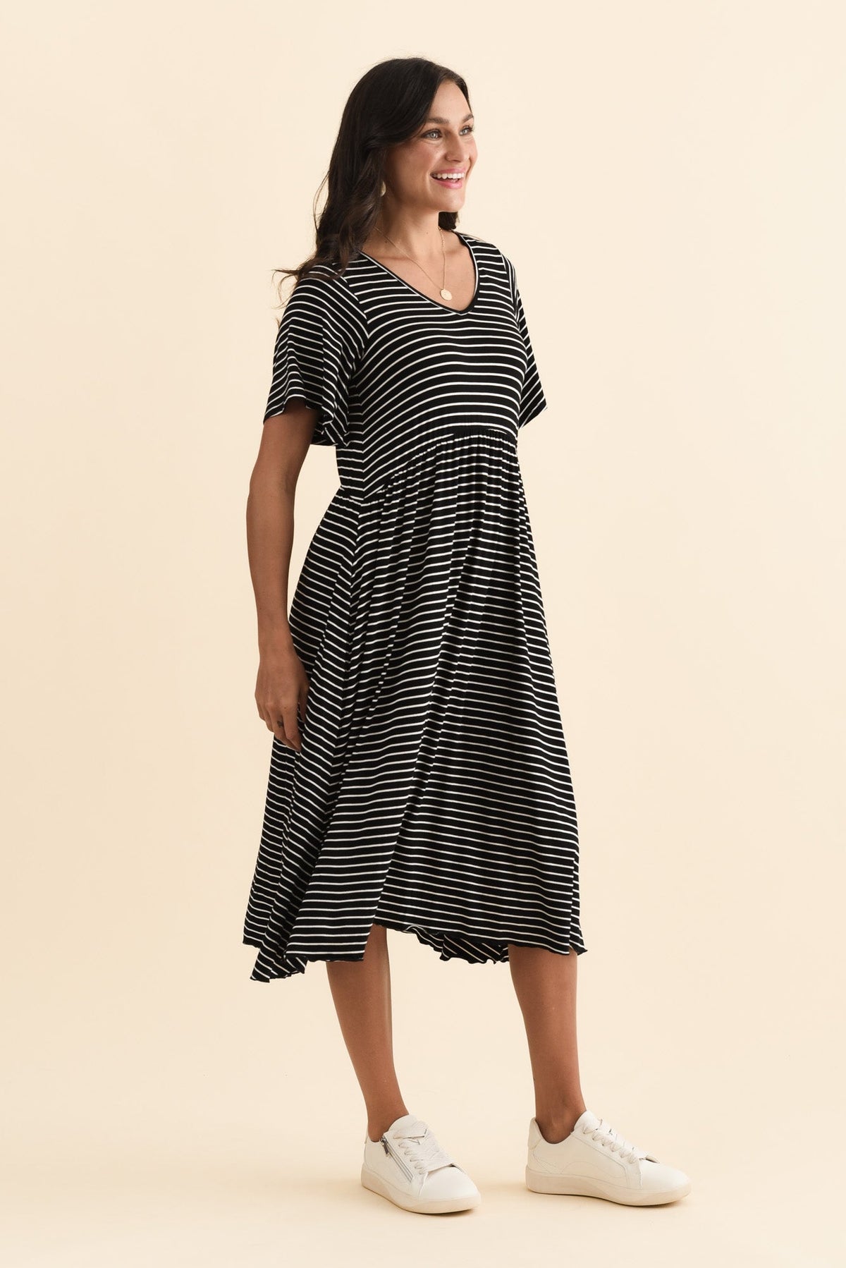 Donna Black Stripe Gathered Dress Back View