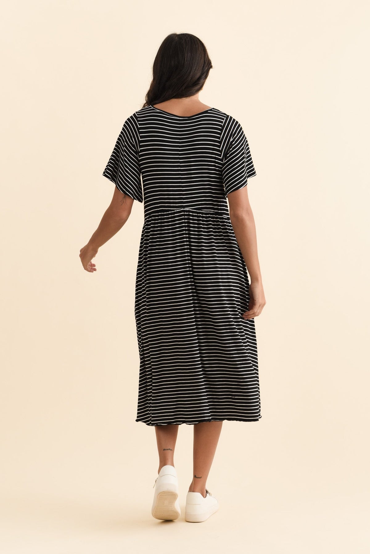 Donna Black Stripe Gathered Dress Side View