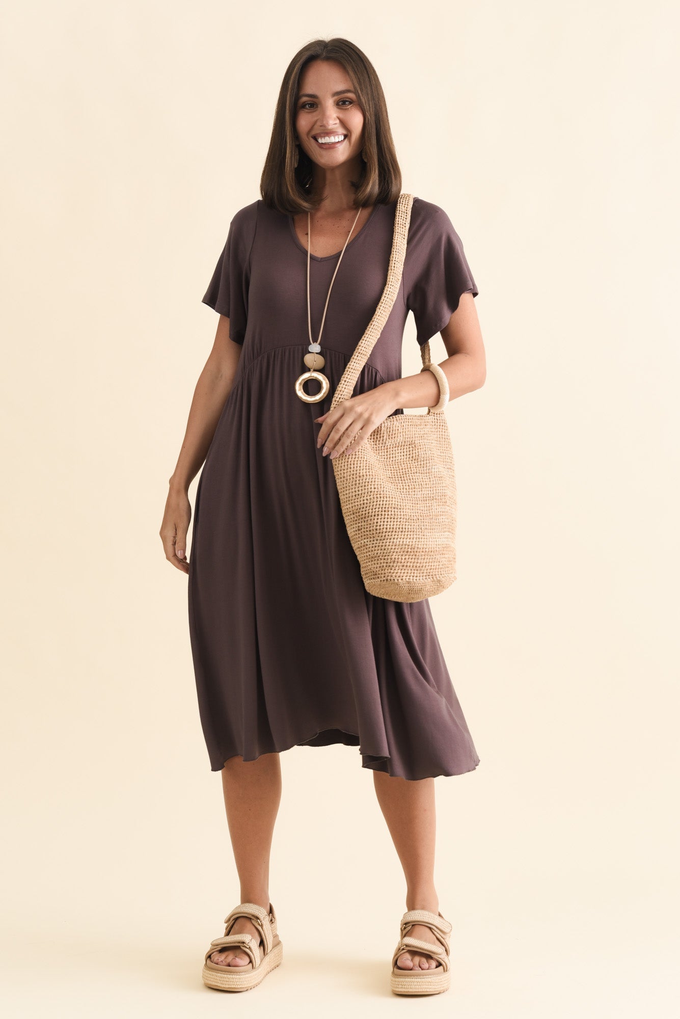 Donna Brown Gathered Dress Front View 2