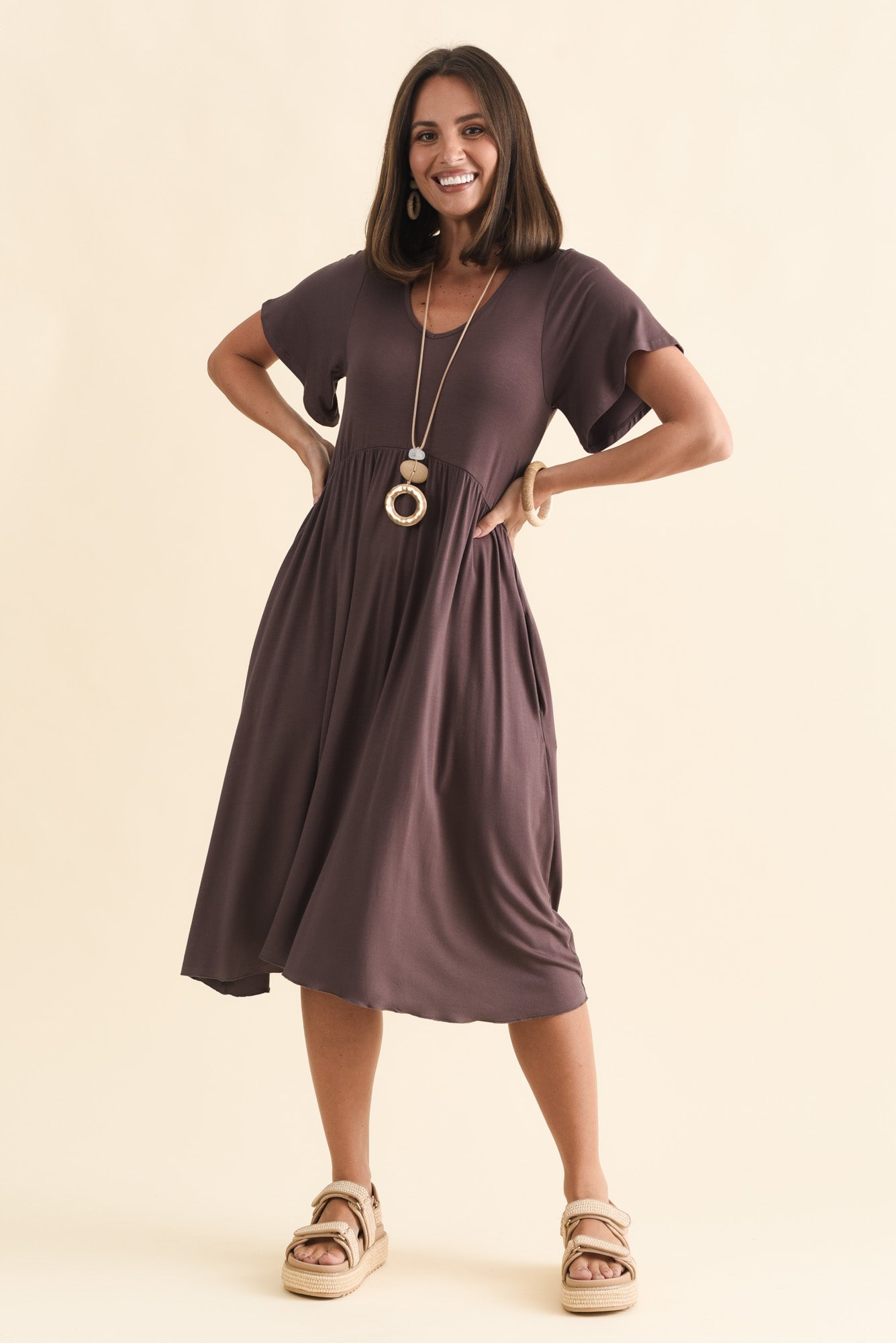 Donna Brown Gathered Dress Front View