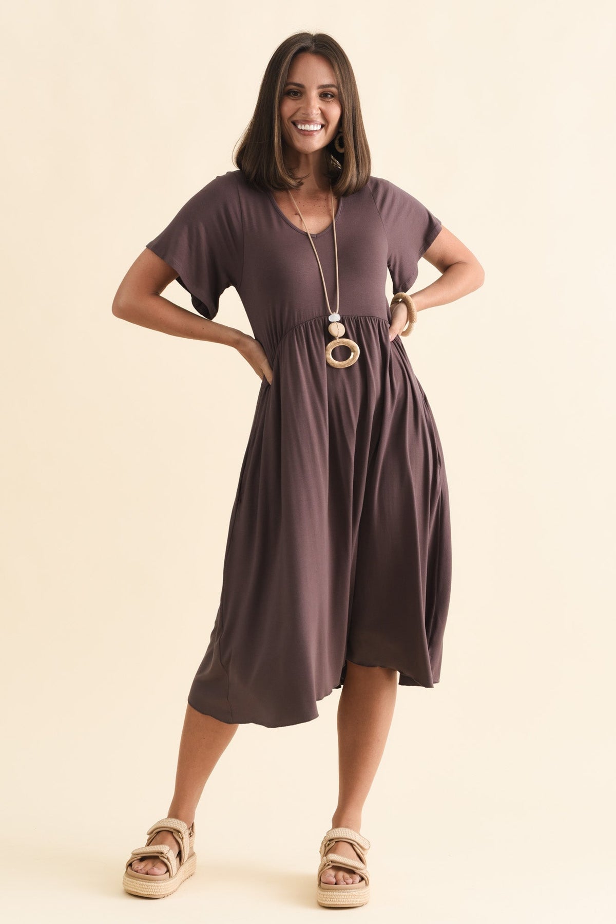 Donna Brown Gathered Dress Full Length View