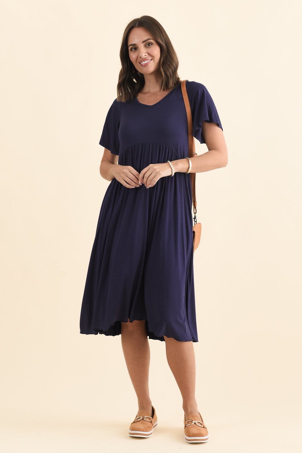 Donna Navy Gathered Dress Styled View