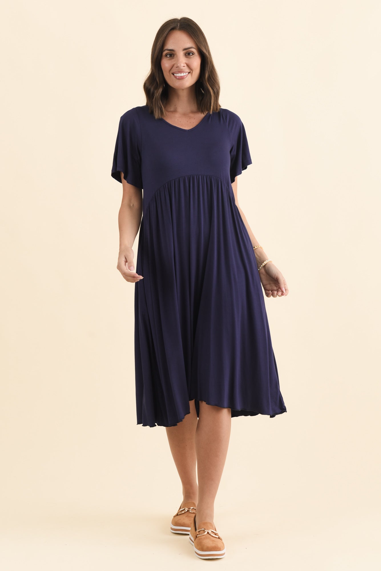 Donna Navy Gathered Dress Detail View