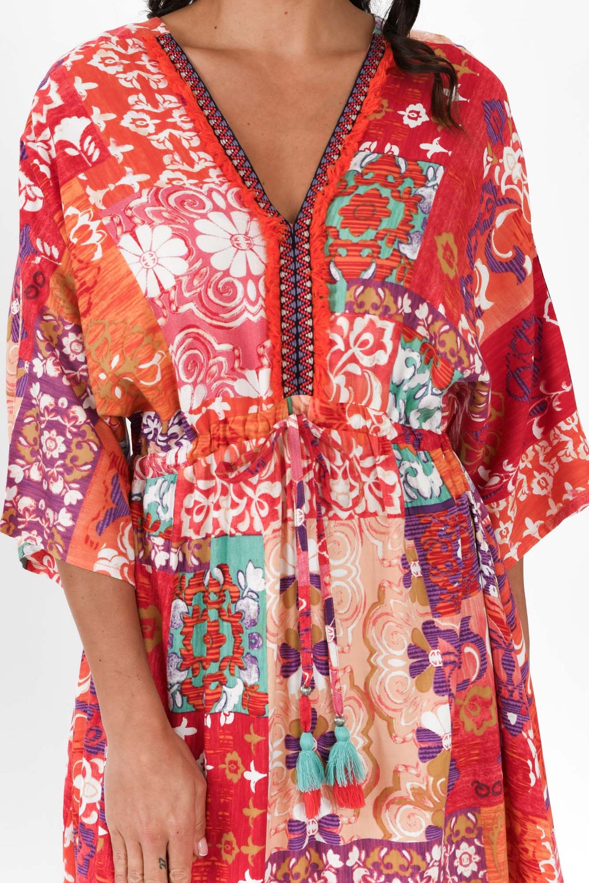 Dorothy Red Mosaic V Neck Dress Detail View