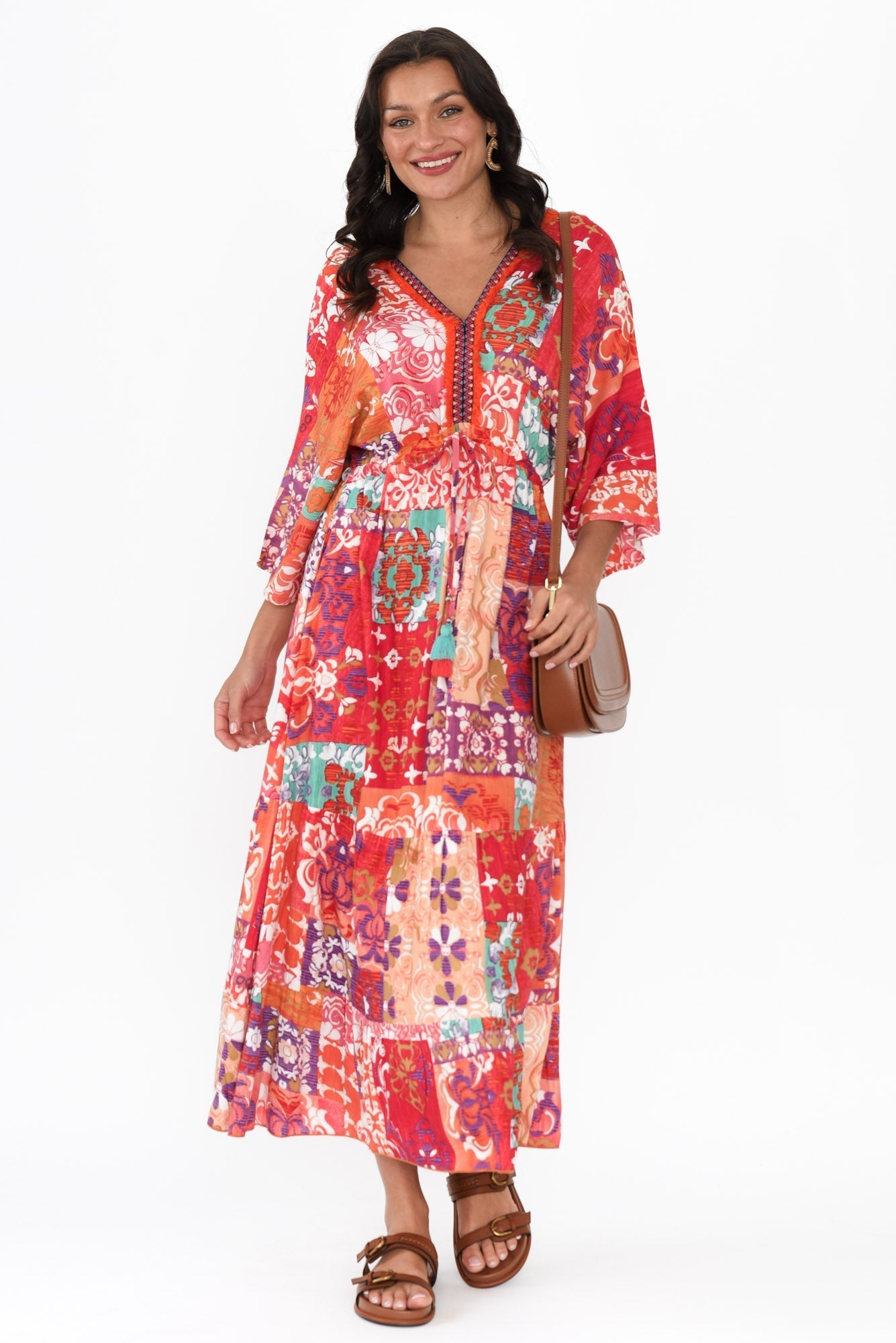 Dorothy Red Mosaic V Neck Dress Front View 2