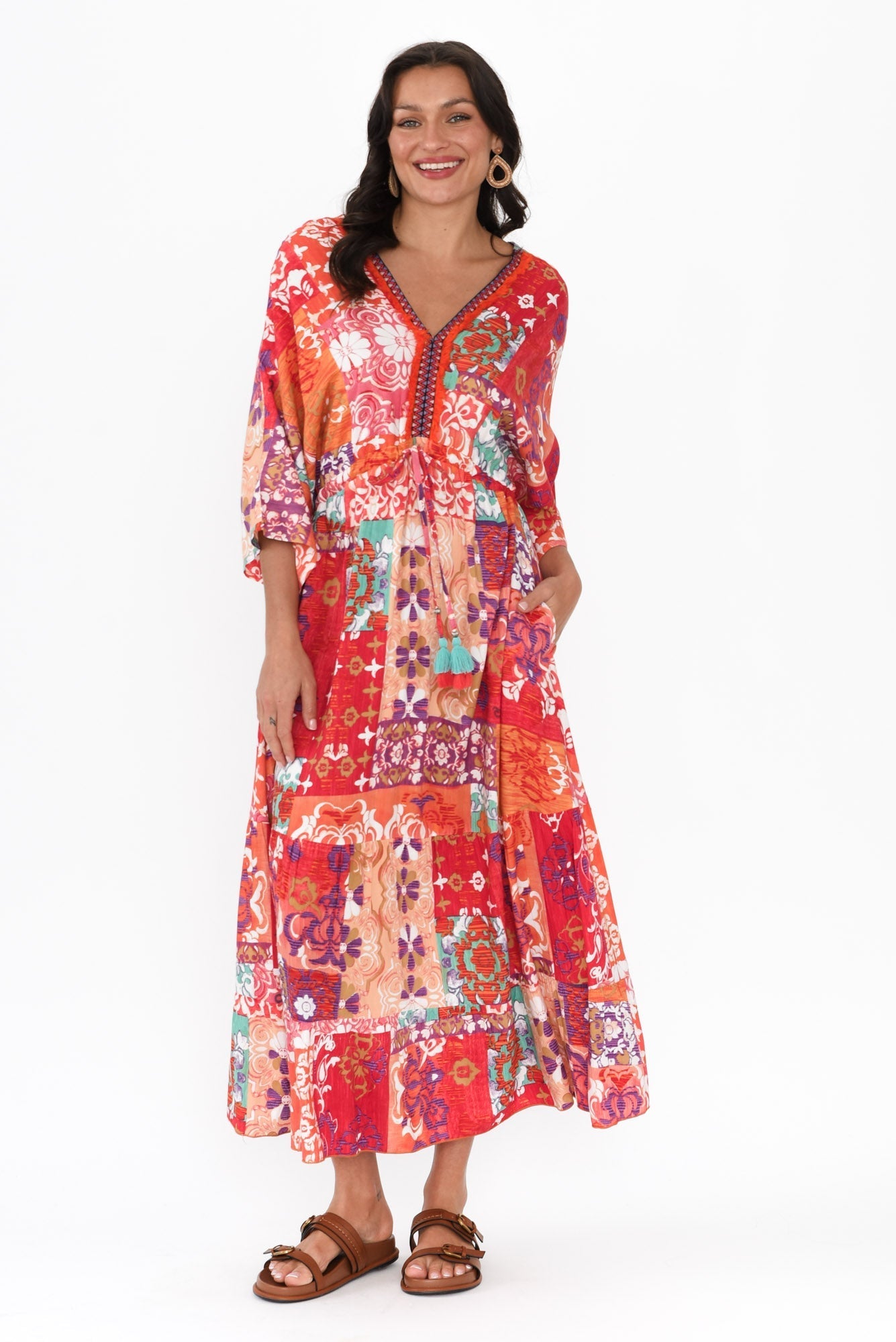 Dorothy Red Mosaic V Neck Dress Front View