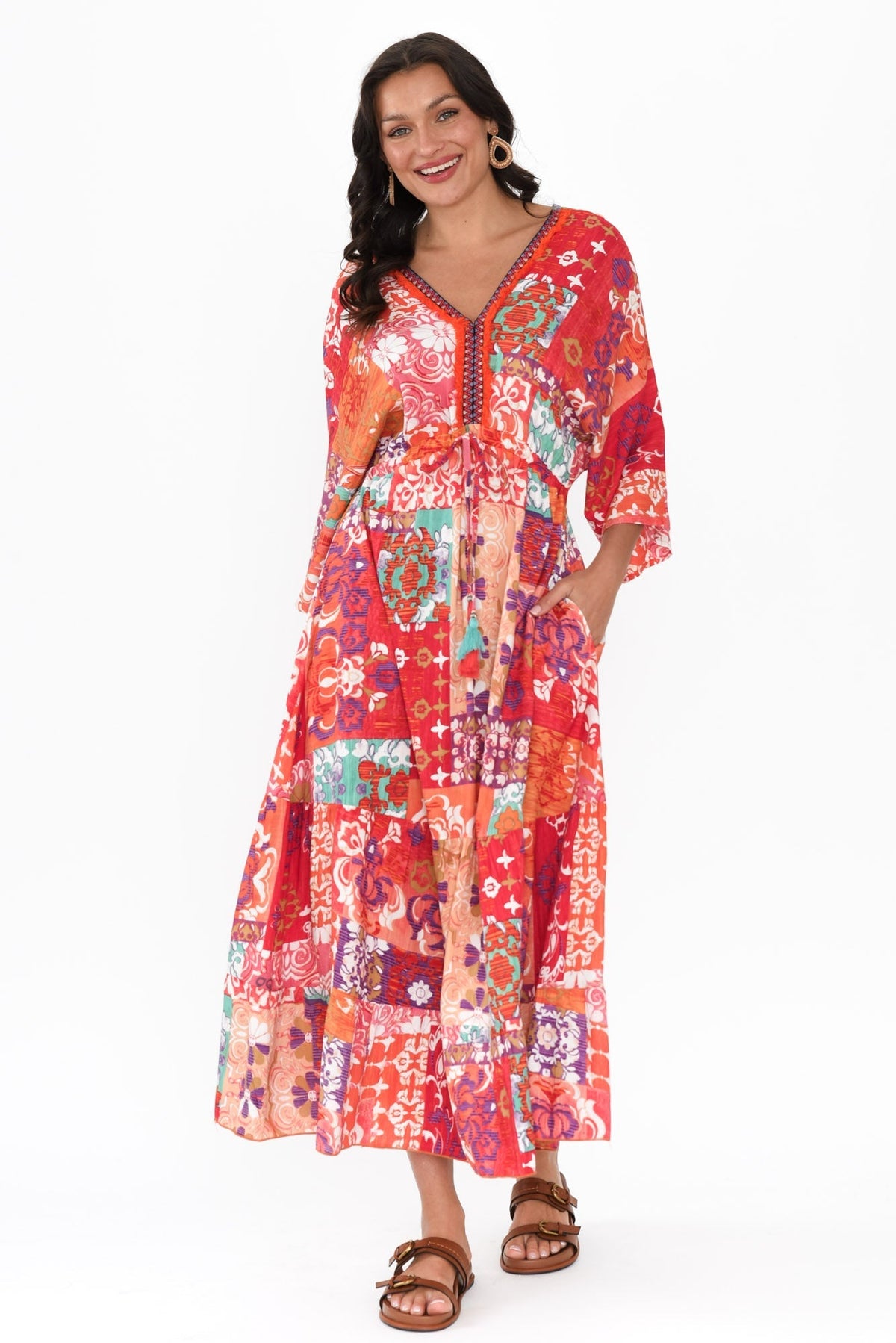 Dorothy Red Mosaic V Neck Dress Full Length View