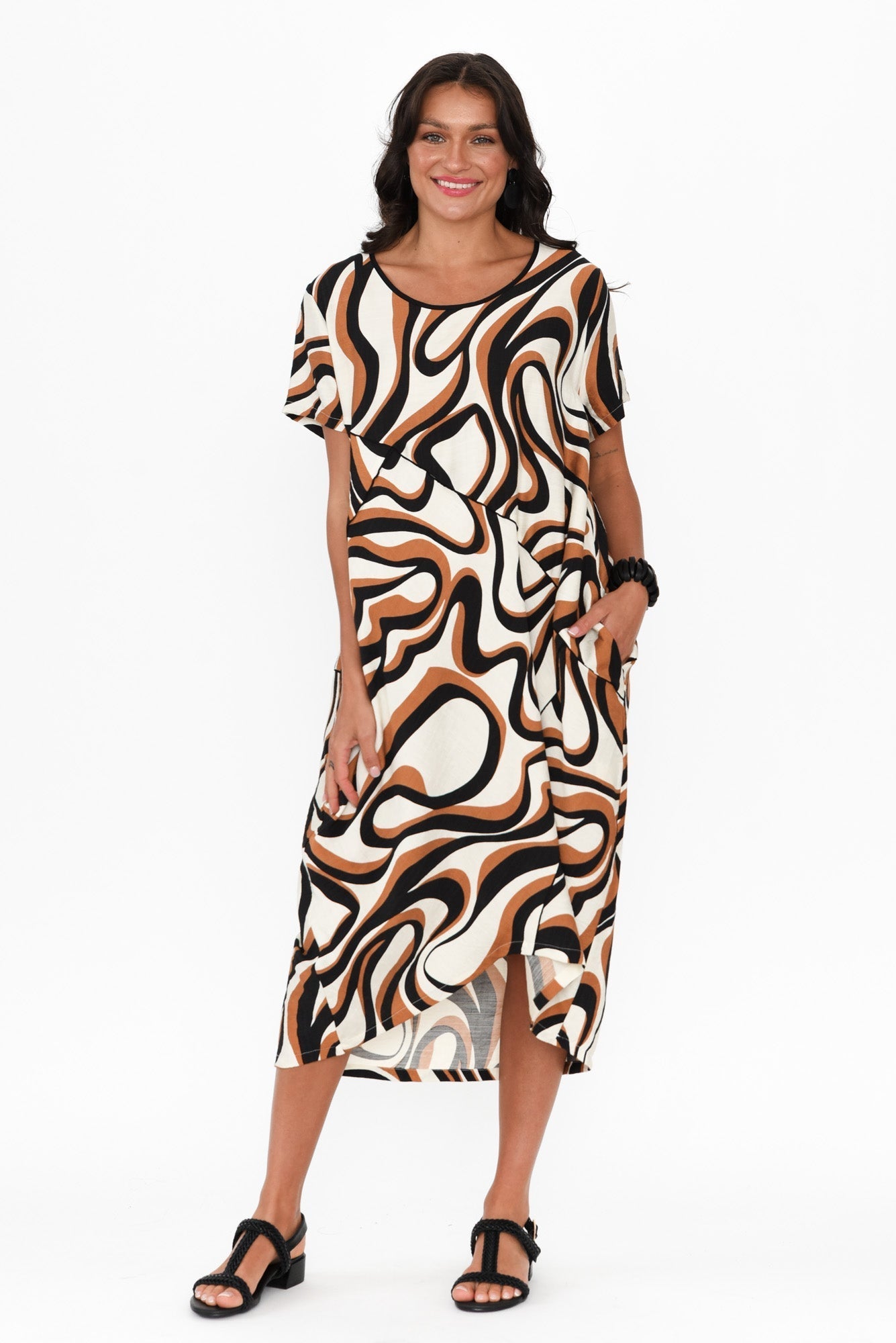 Elinda Brown Swirl Pocket Dress Front View