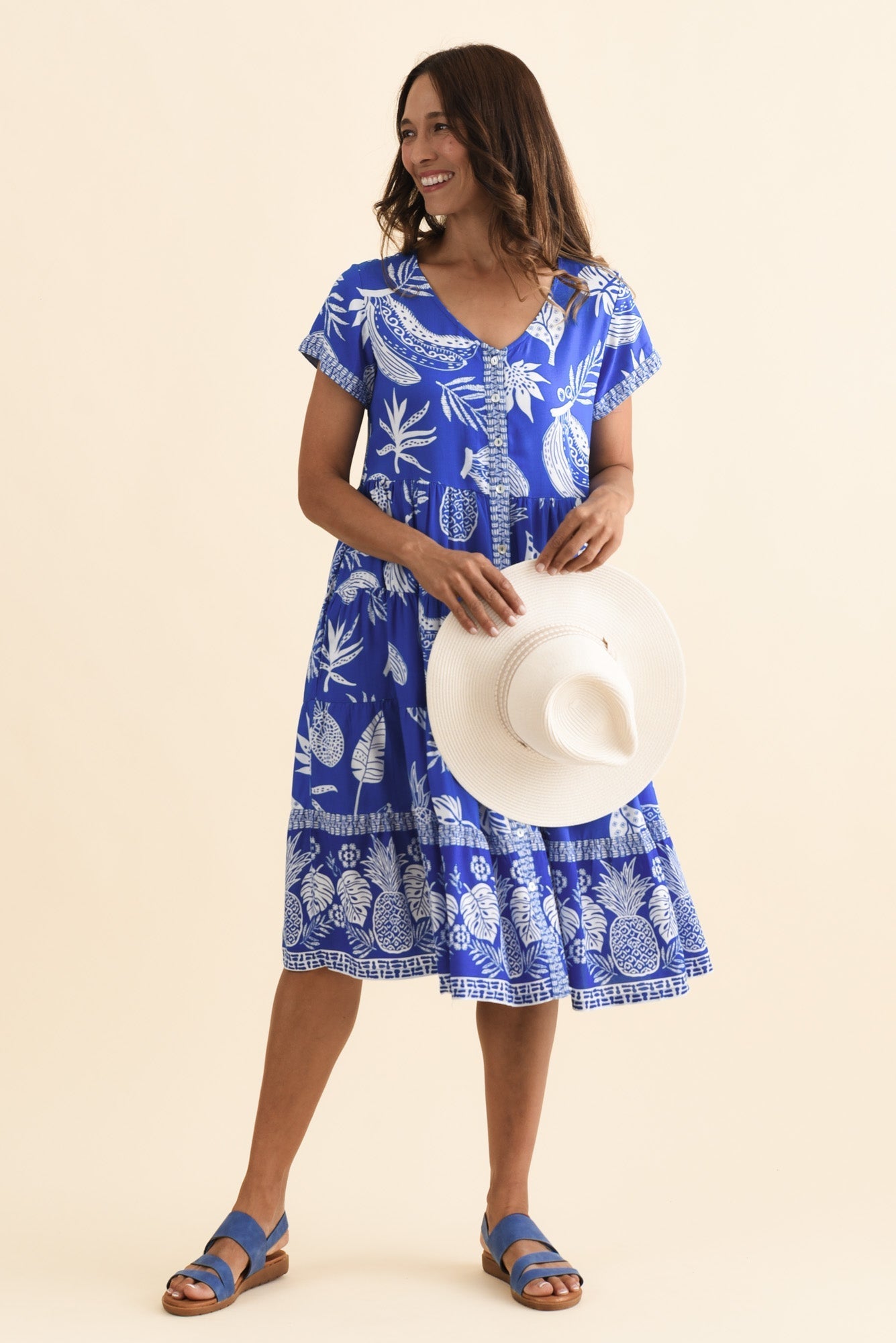 Emila Cobalt Tropical Button Dress Front View 2