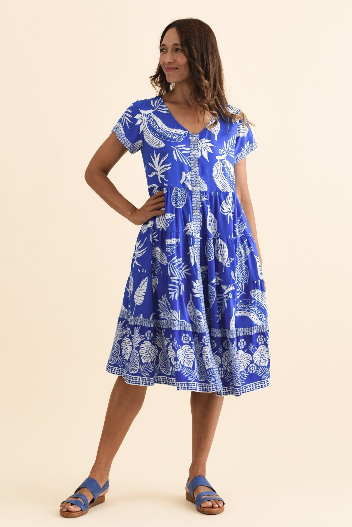 Emila Cobalt Tropical Button Dress Front View
