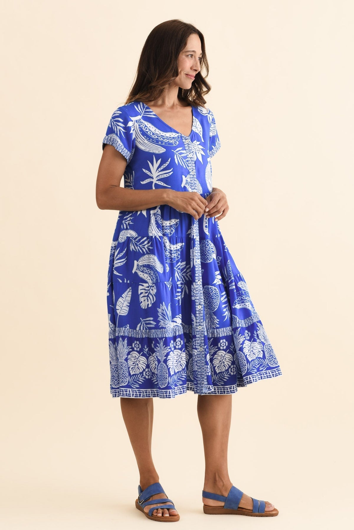 Emila Cobalt Tropical Button Dress Back View