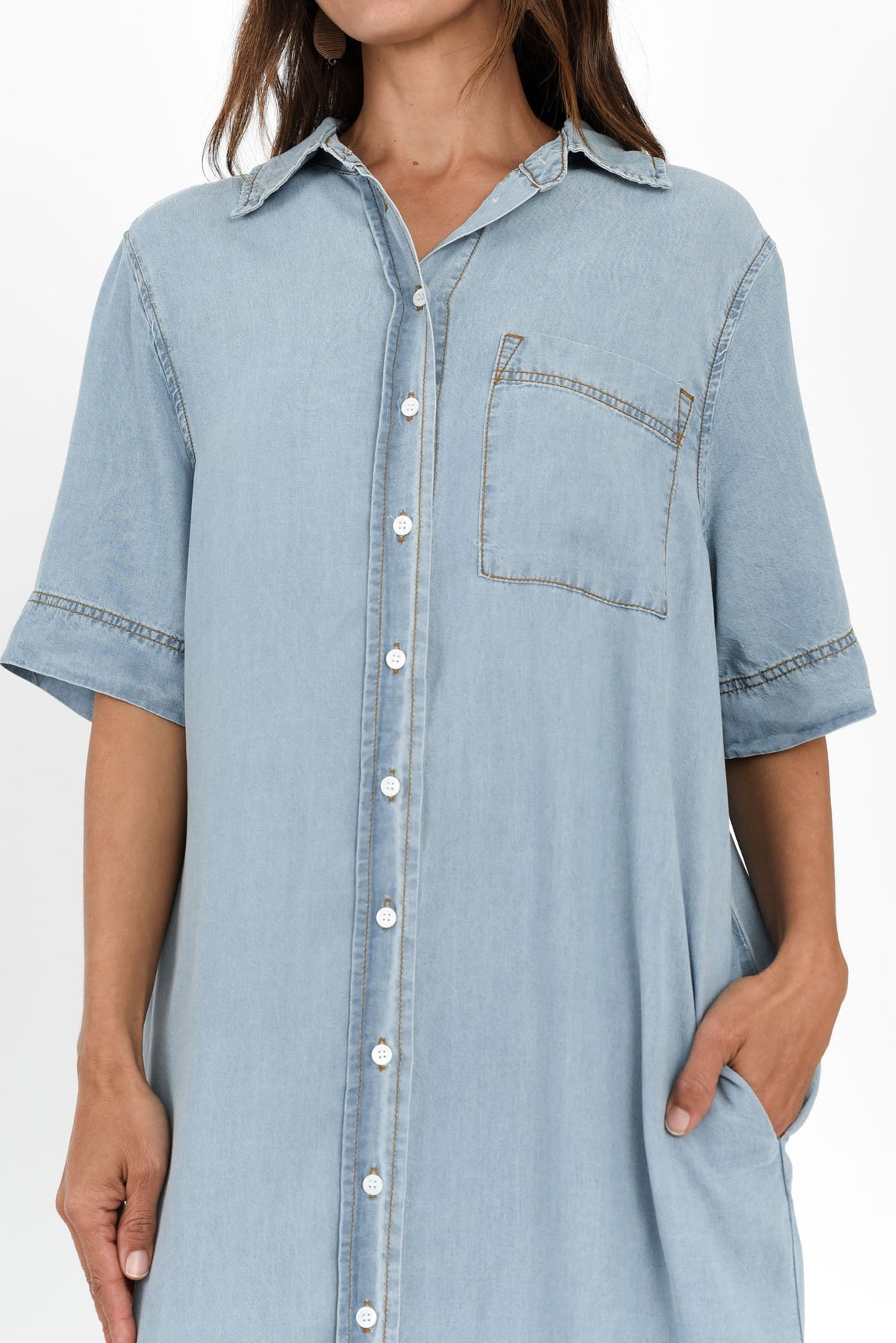 Emmy Blue Denim Shirt Dress Full Length View
