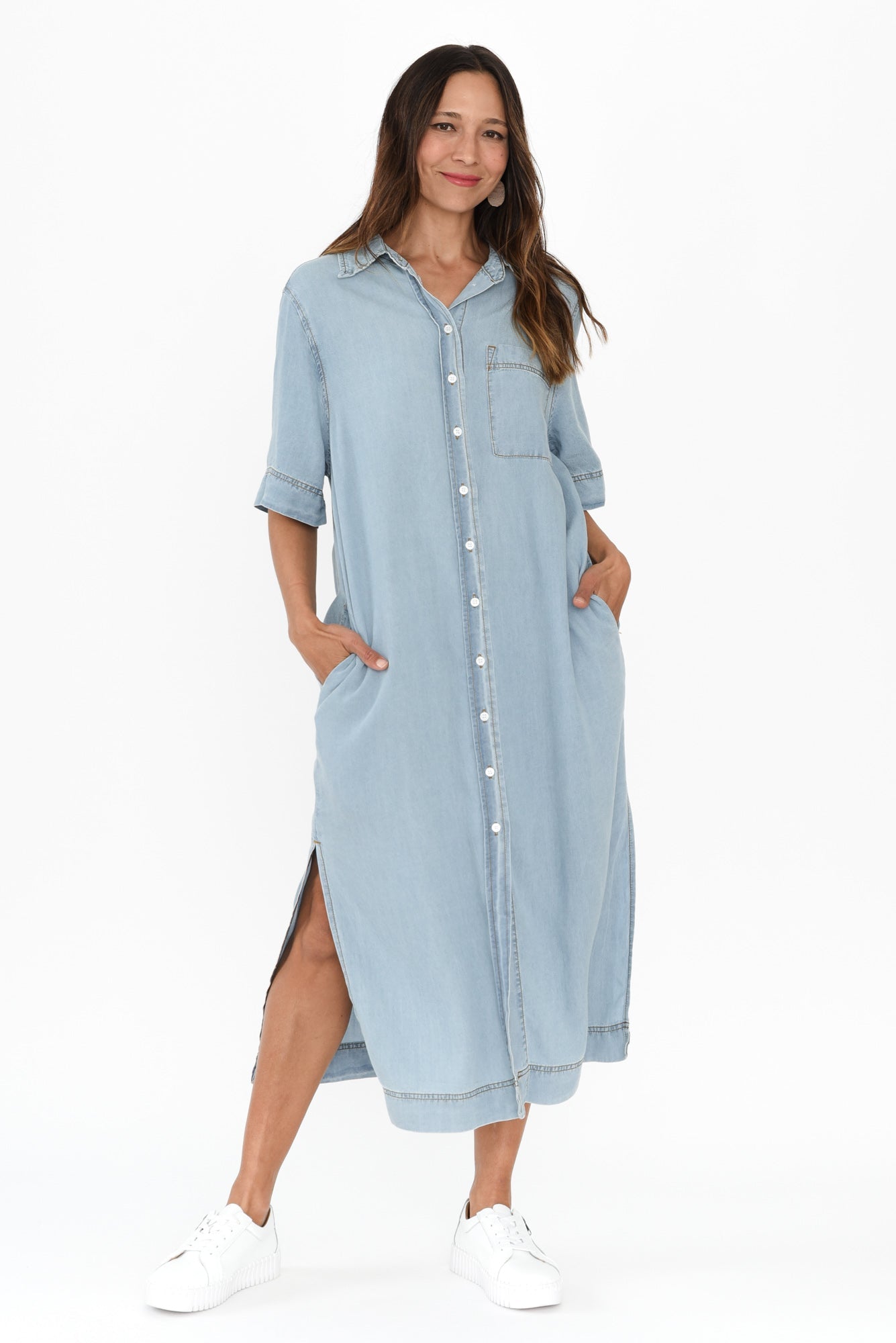Emmy Blue Denim Shirt Dress Front View