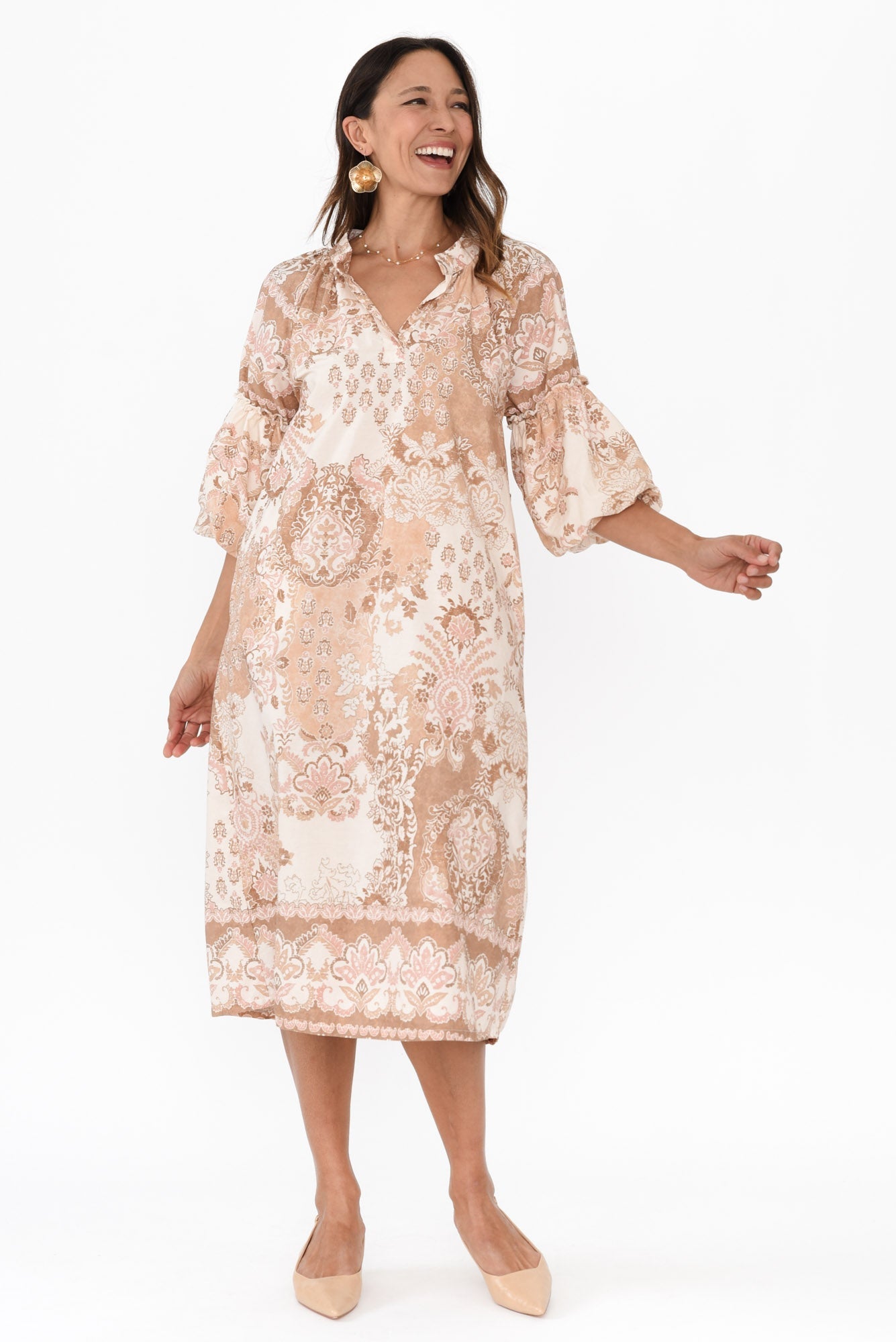 Erica Natural Abstract Cotton Tie Dress Front View 2