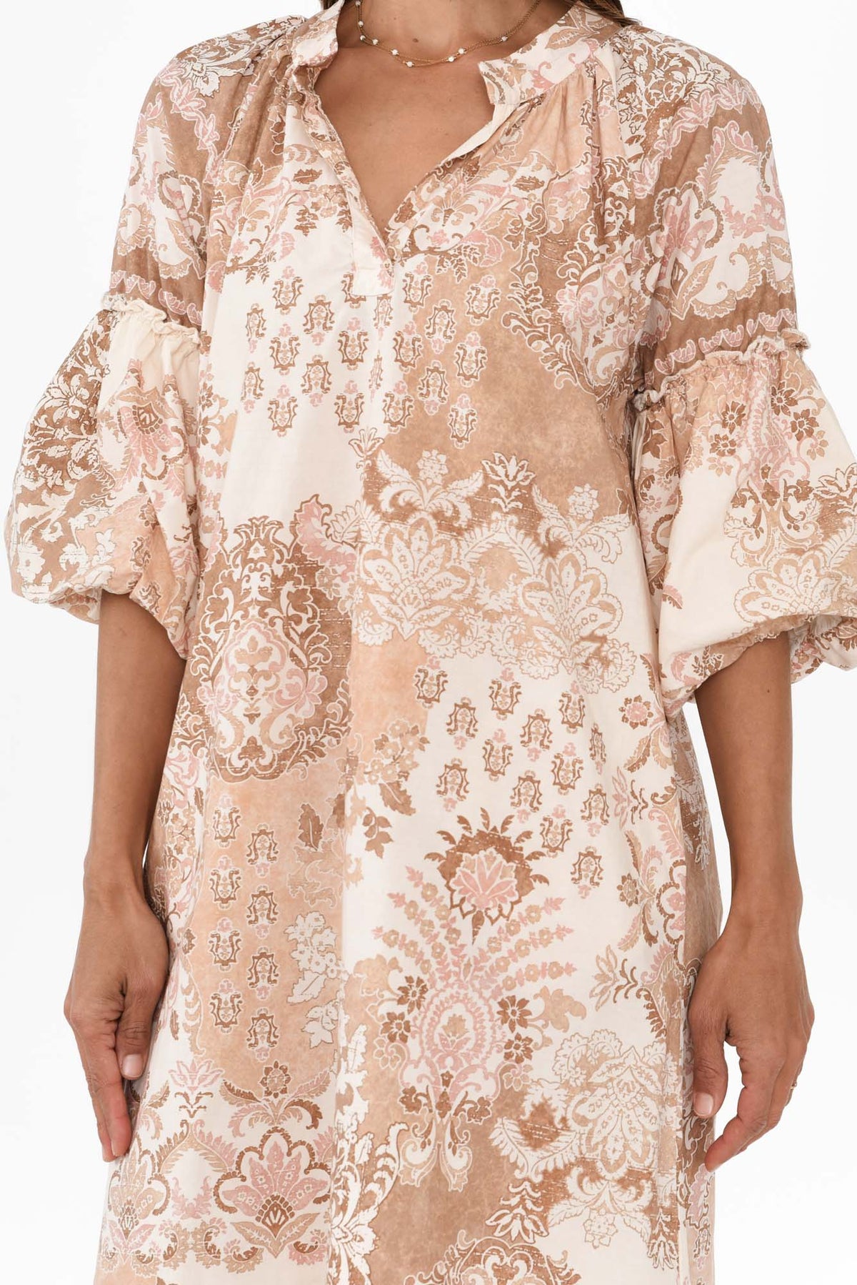 Erica Natural Abstract Cotton Tie Dress Detail View