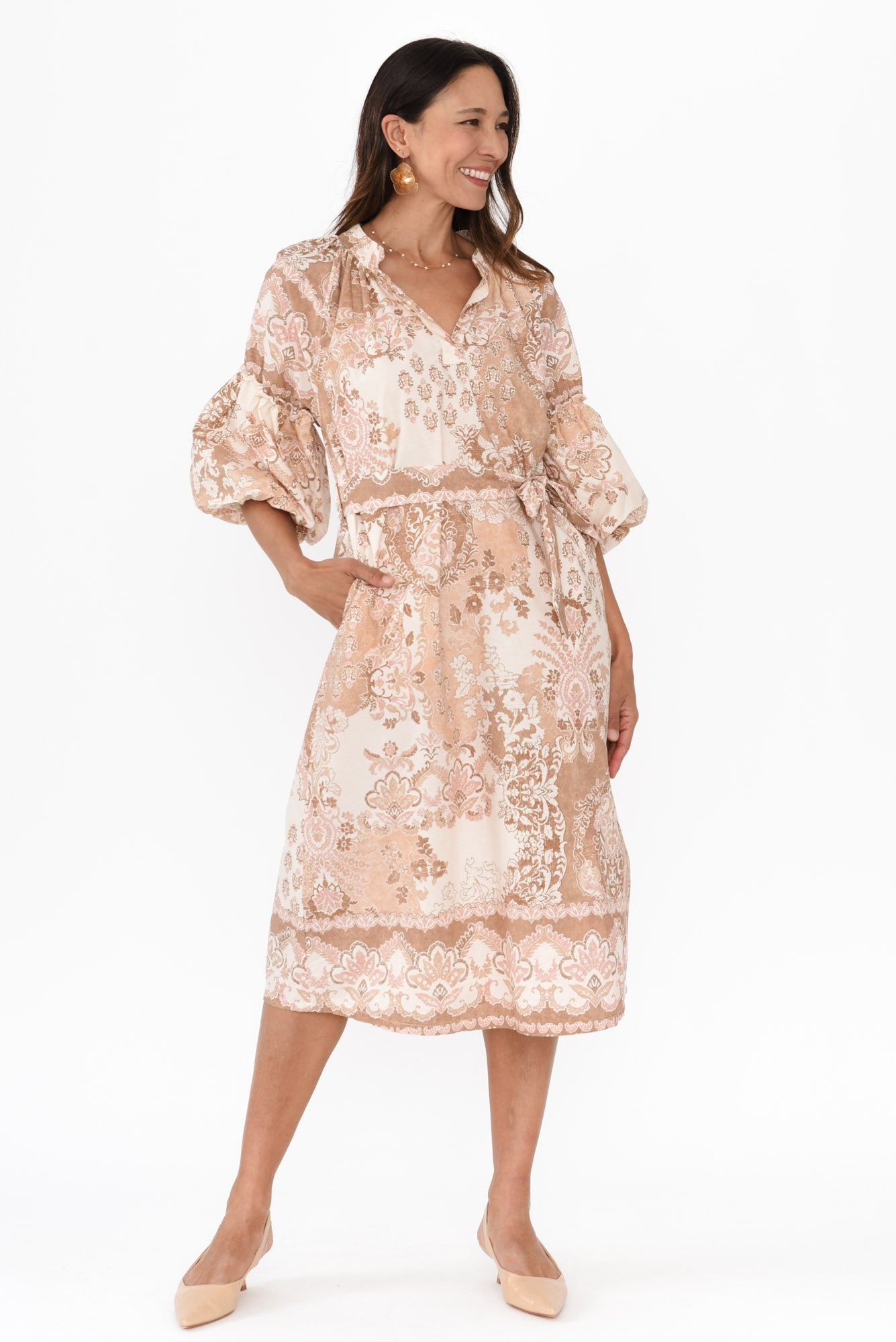 Erica Natural Abstract Cotton Tie Dress Front View