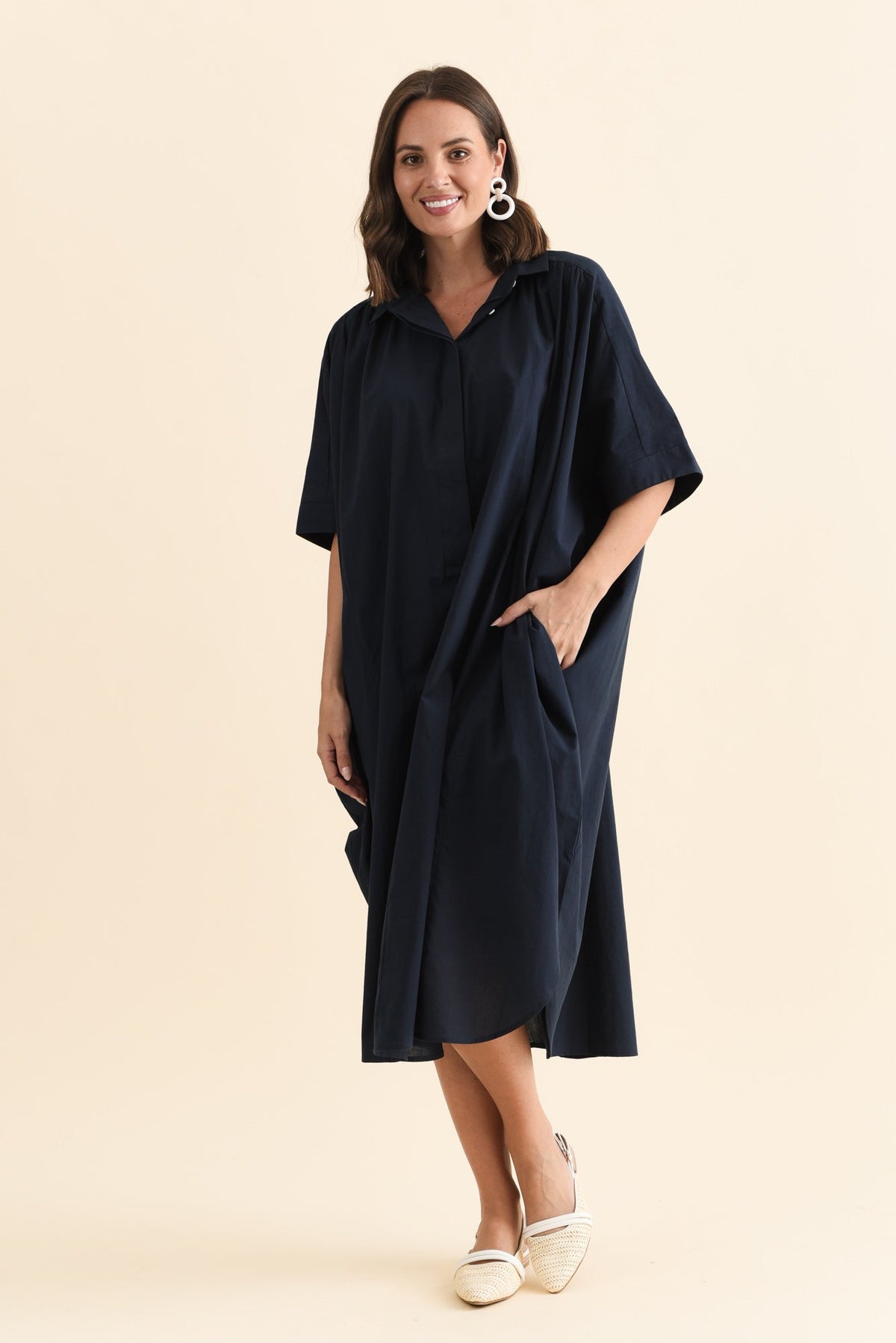 Esther Navy Cotton Tie Dress Full Length View