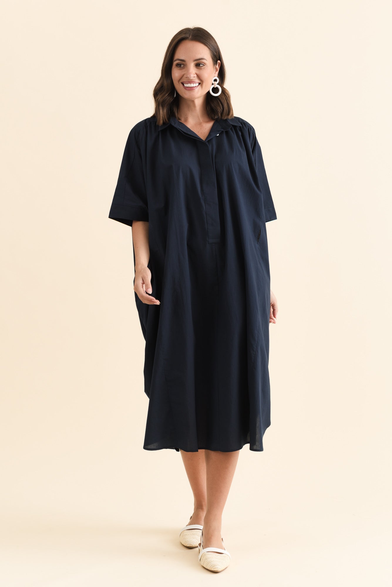 Esther Navy Cotton Tie Dress Front View