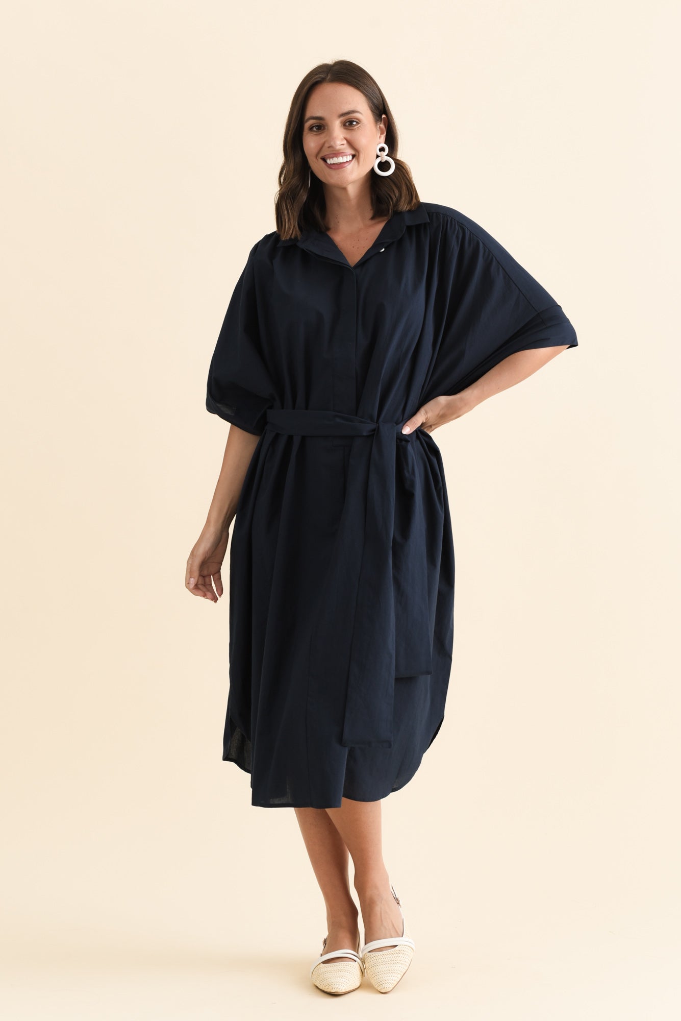 Esther Navy Cotton Tie Dress Front View 2