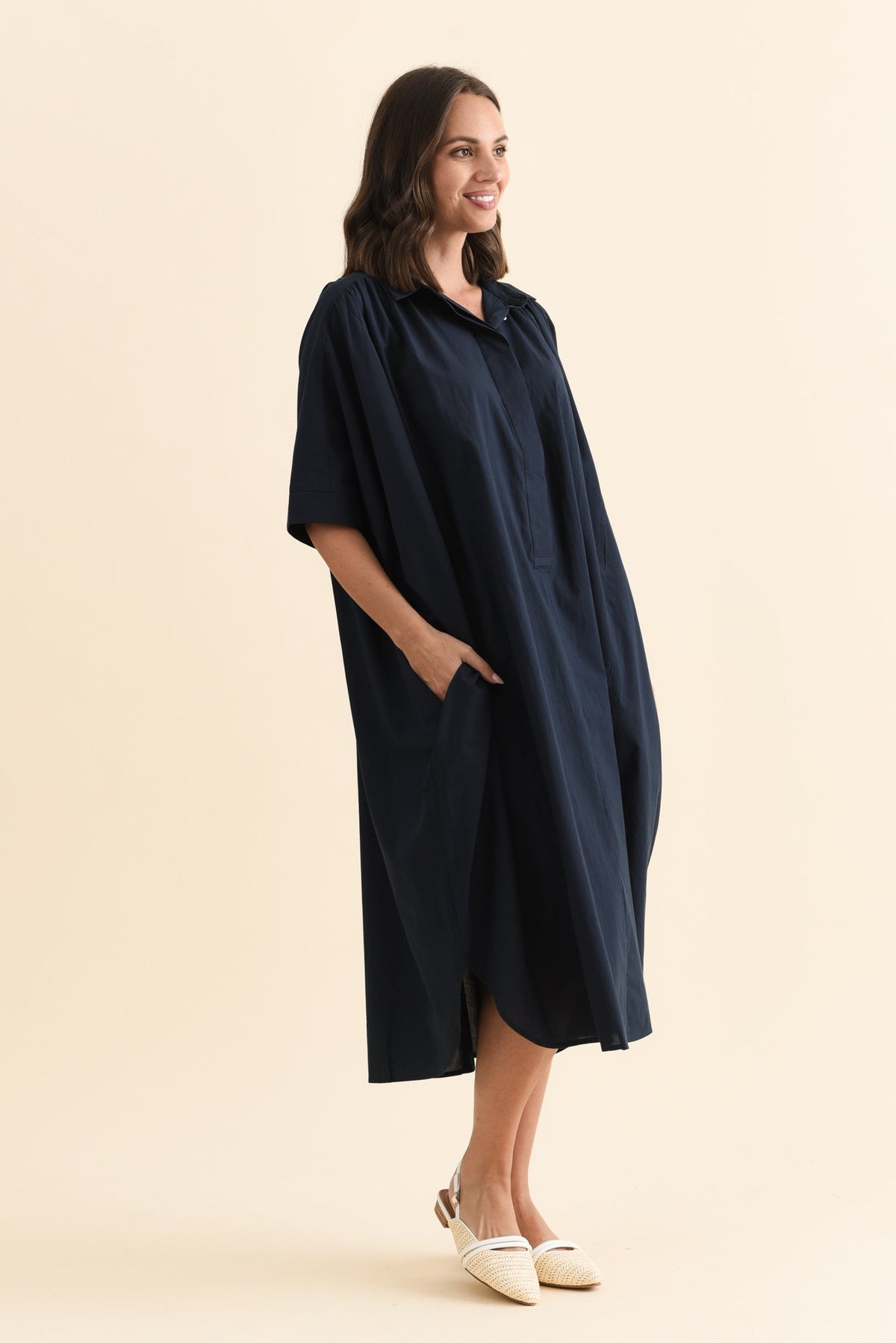 Esther Navy Cotton Tie Dress Back View