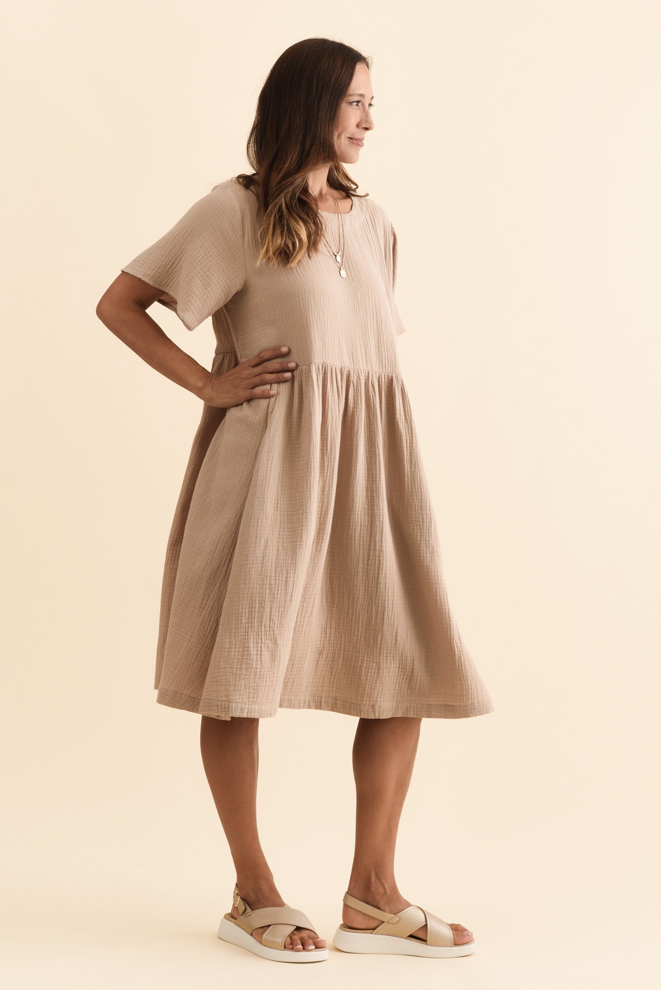 Cloud Gauze Beige Cotton Pocket Dress Side View