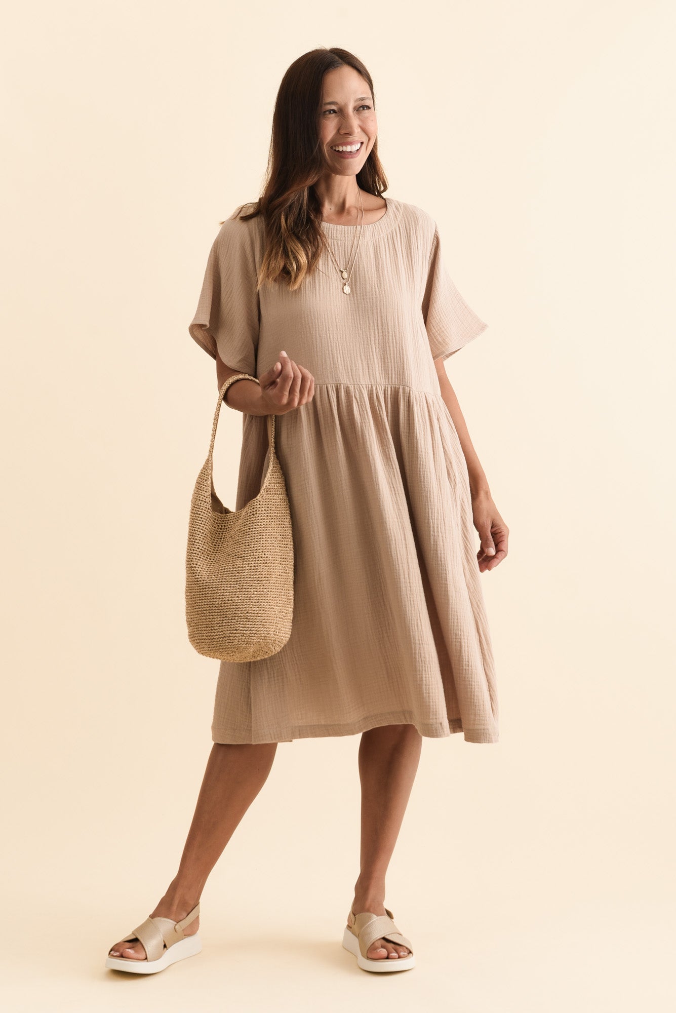 Cloud Gauze Beige Cotton Pocket Dress Front View