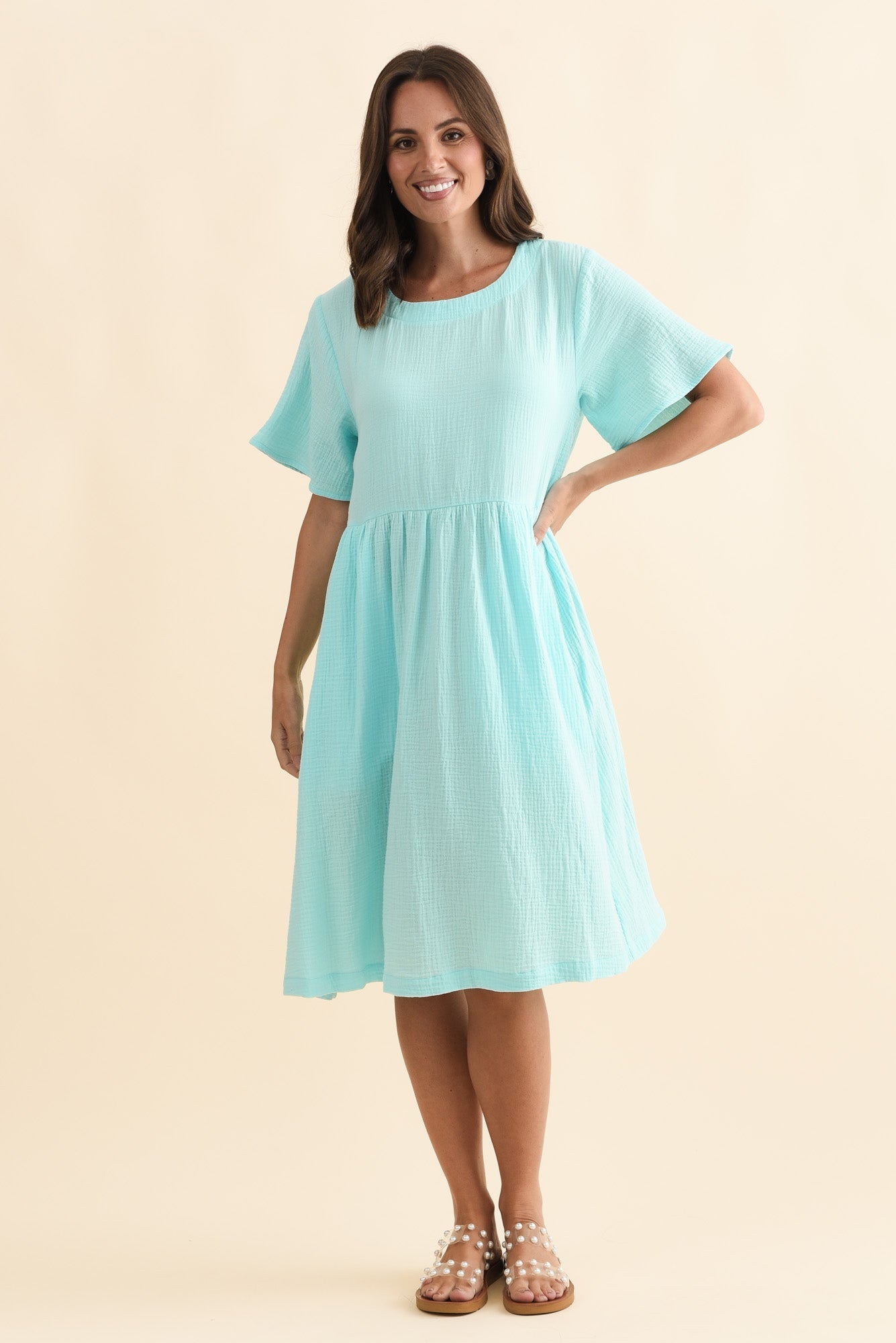 Cloud Gauze Light Blue Cotton Pocket Dress Back View