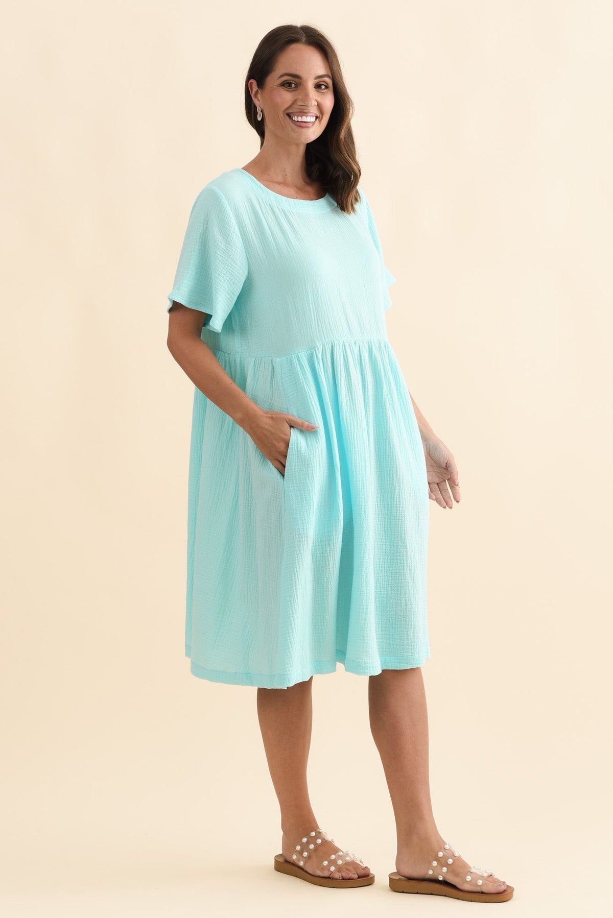 Cloud Gauze Light Blue Cotton Pocket Dress Side View