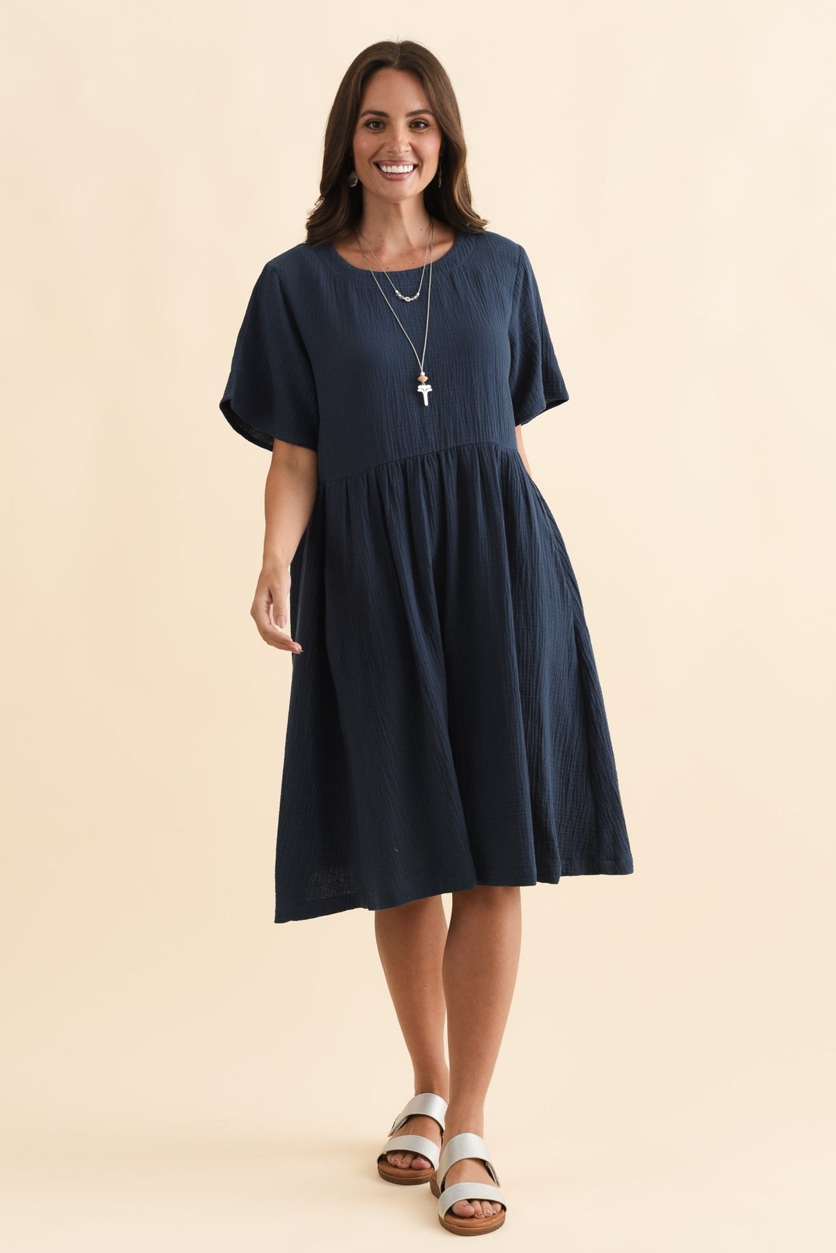 Cloud Gauze Navy Cotton Pocket Dress Front View