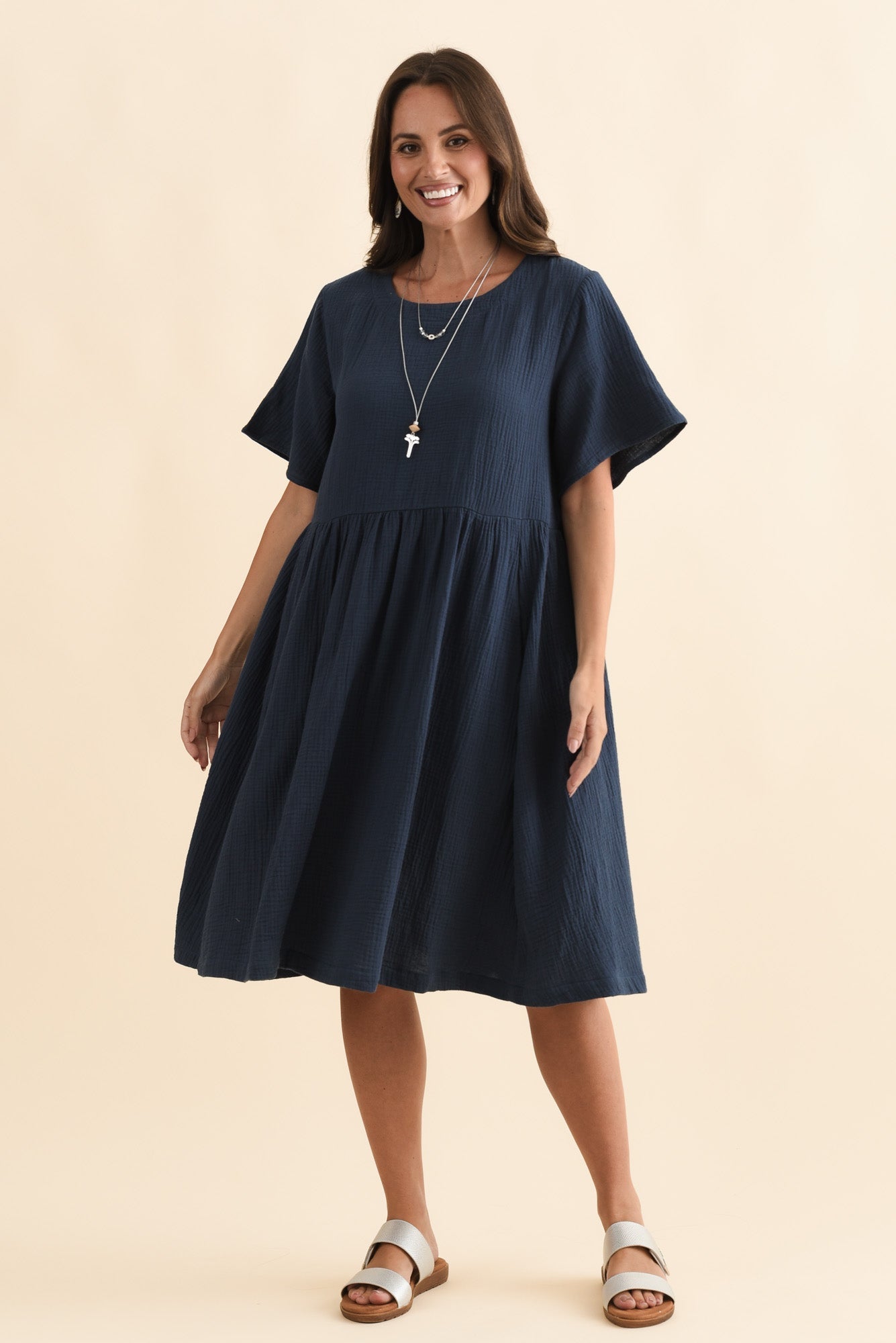 Cloud Gauze Navy Cotton Pocket Dress Back View