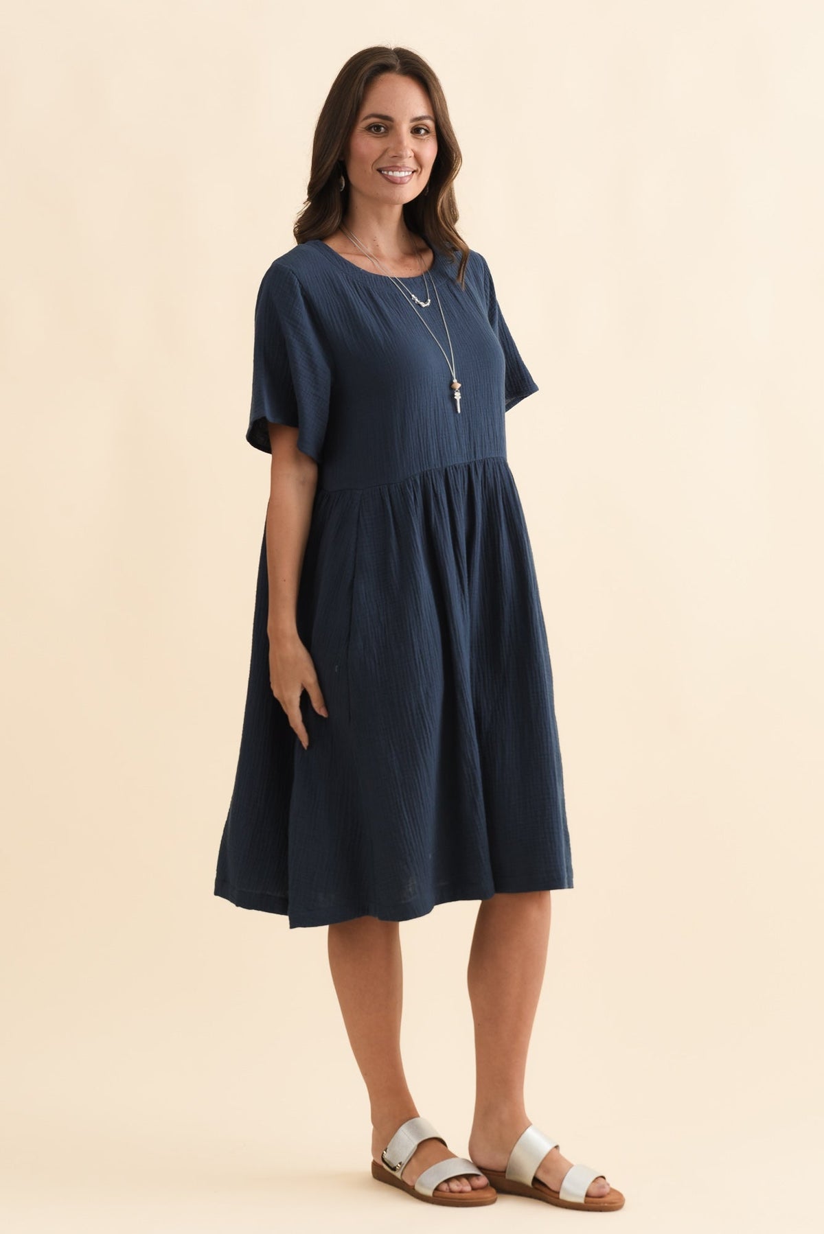 Cloud Gauze Navy Cotton Pocket Dress Side View