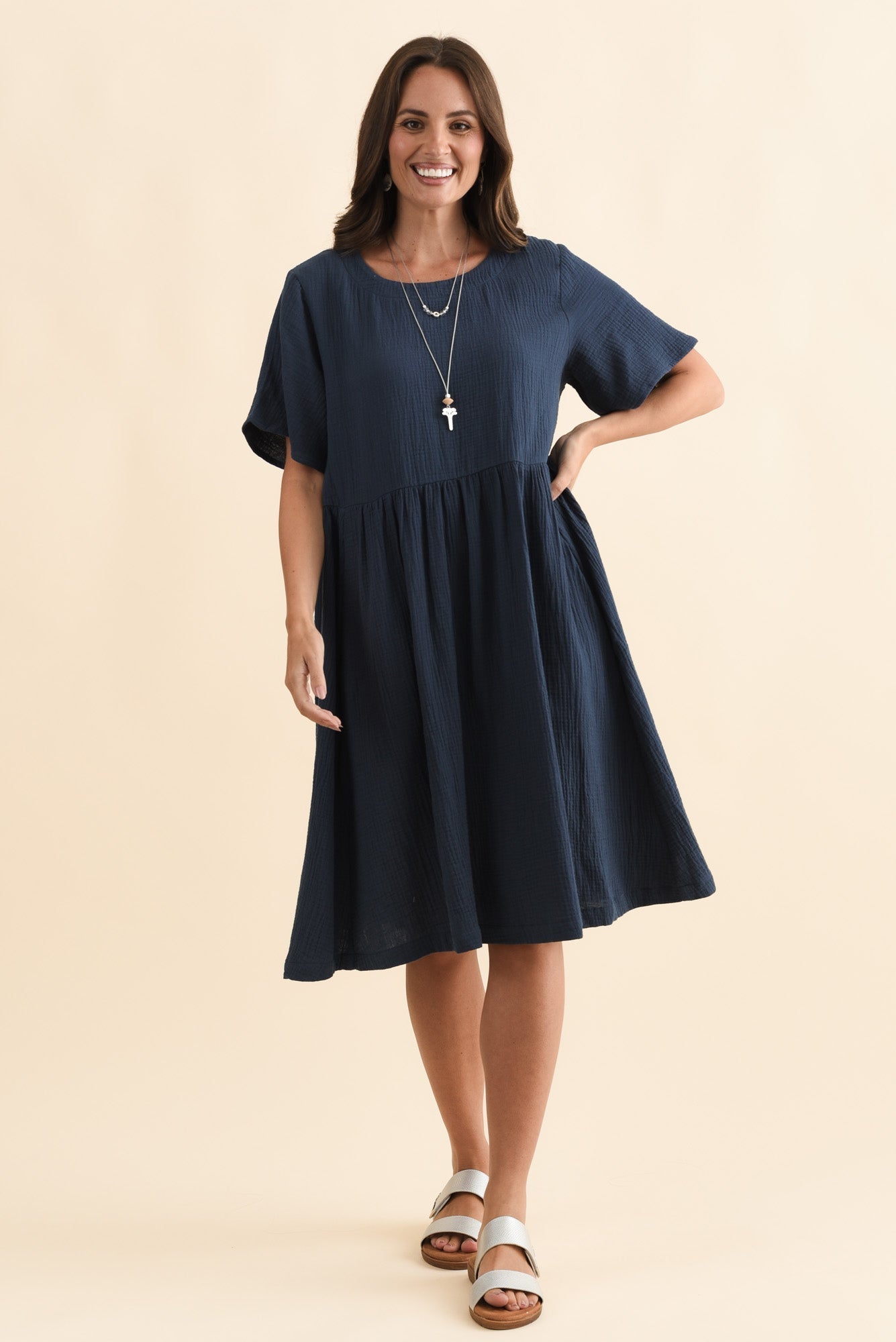 Cloud Gauze Navy Cotton Pocket Dress Back View 2